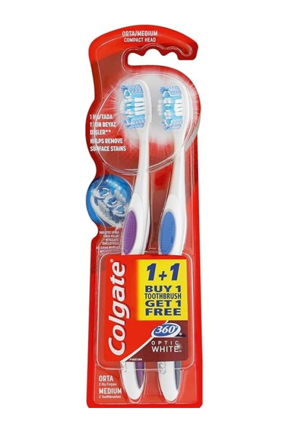 ShopZum Colgate 360 Optik Beyaz Dil Ve Yanak Temizleyicili Orta Beyazlatıcı Diş Fırçası 1 1