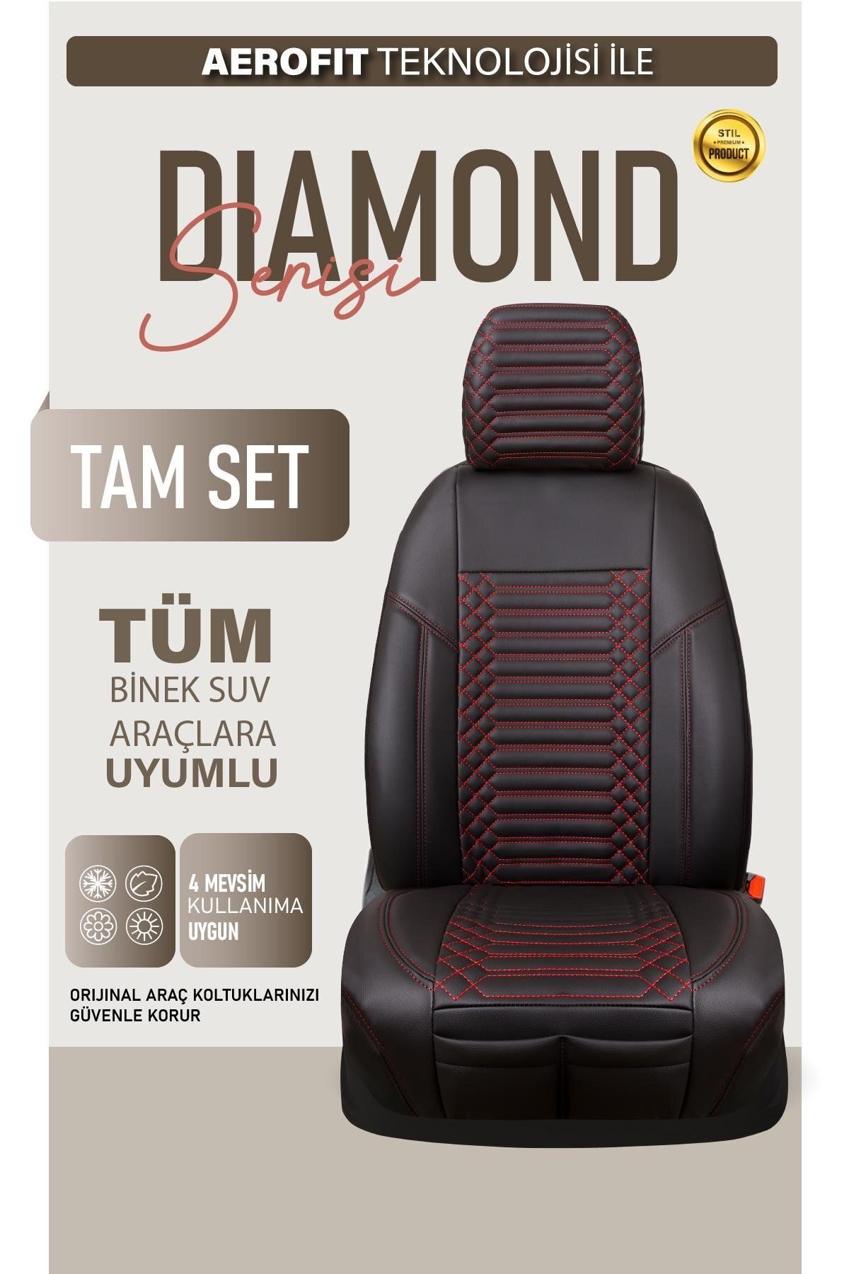 autogoodstore Volvo 240 Uyumlu Lüx Deri Oto Koltuk Kılıfı Ön Arka Takım DIAMOND Siyah Kırmızı