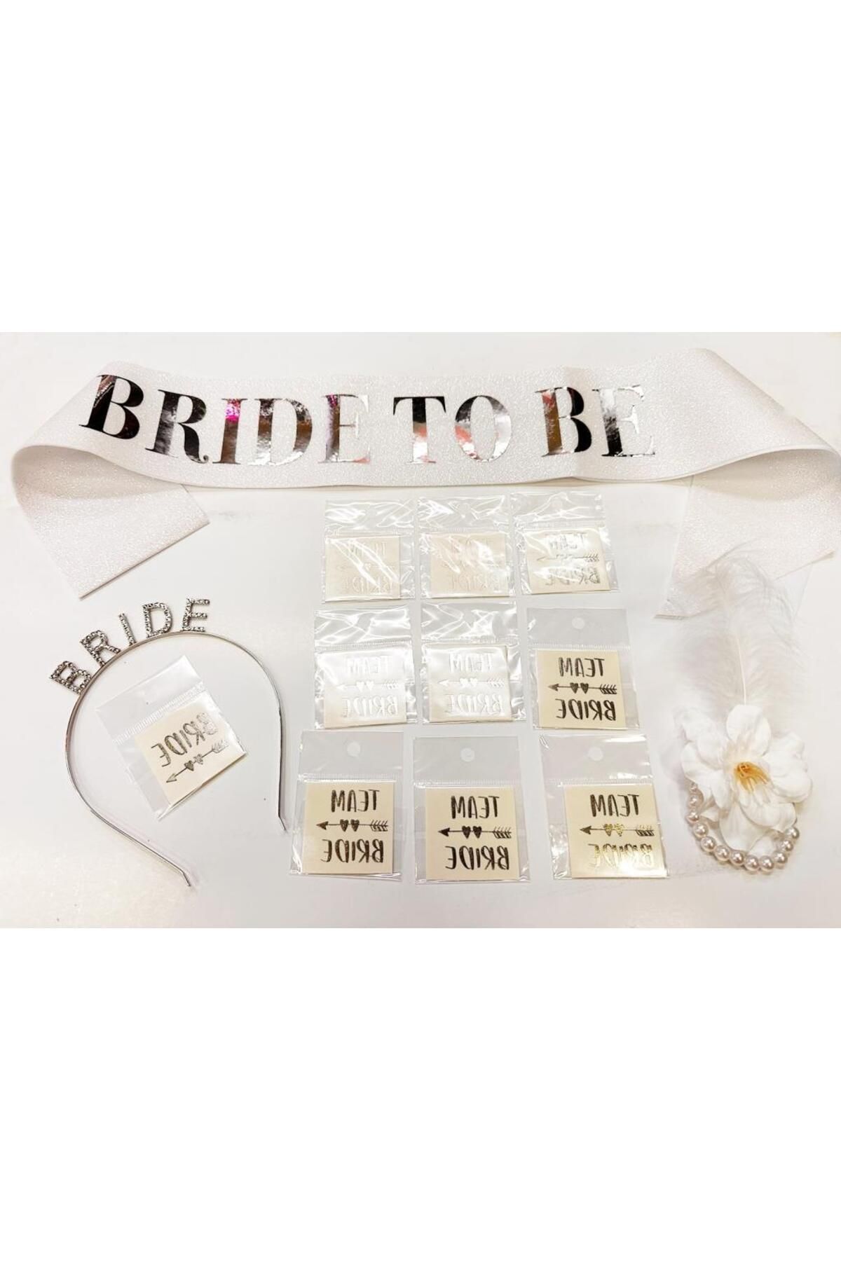 NEZADE STORE Gümüş Renk Bride Partisi Taç Kuşak Dövme Bileklik Seti Full 13 Parça