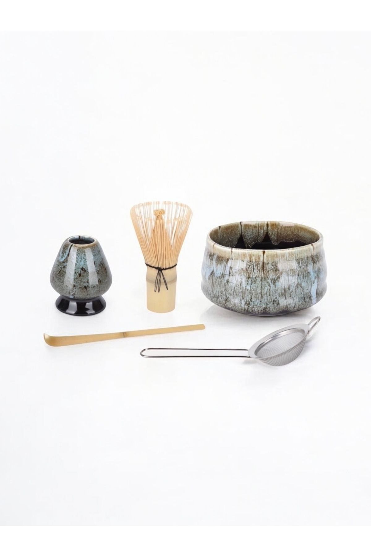 Lumiere Home Japon Matcha Çayı Seti 5 Parça - Bambu Whisk, Seramik Kase, Whisk Tutucu, Bambu Kaşık, Süzgeç