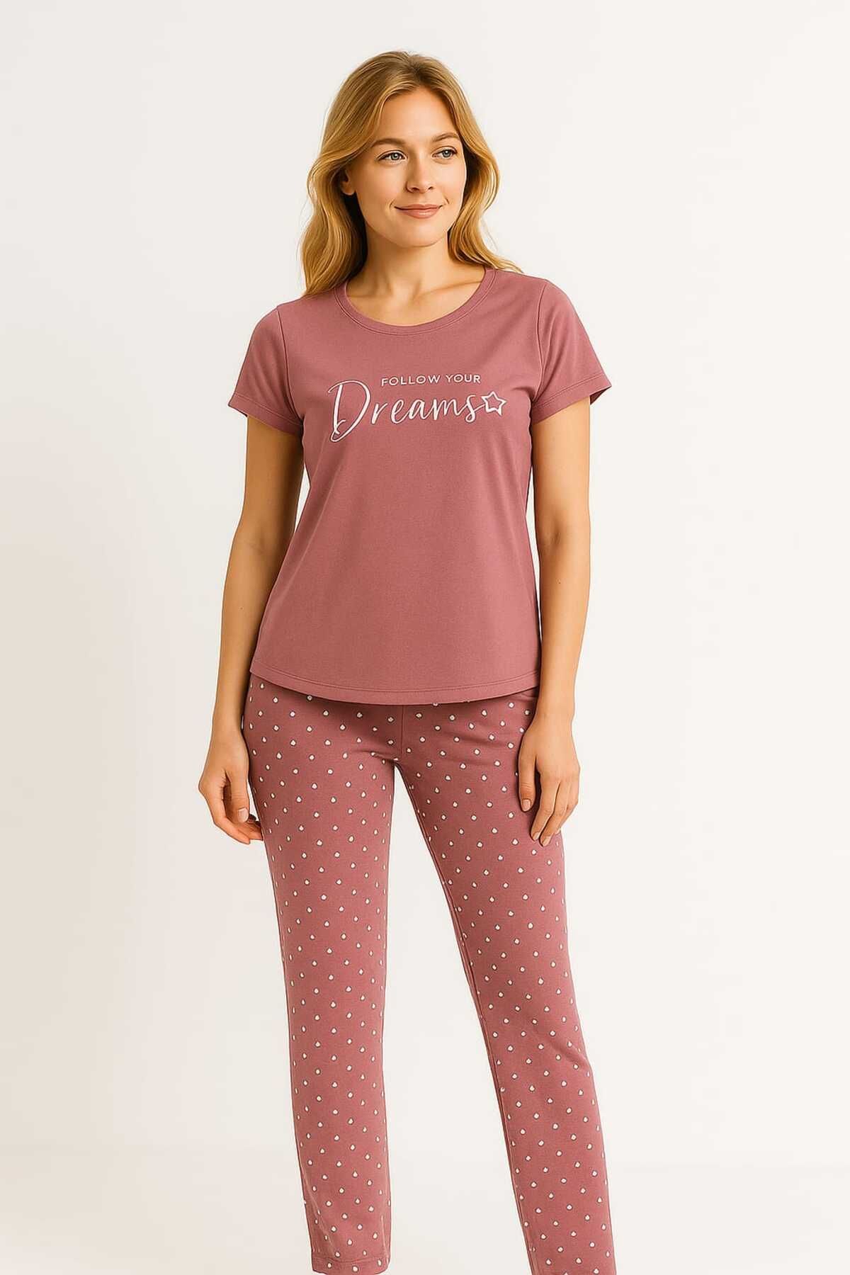 unbranded Pembe Renkli Baskılı Puantiyeli Uzun Pijama Takımı