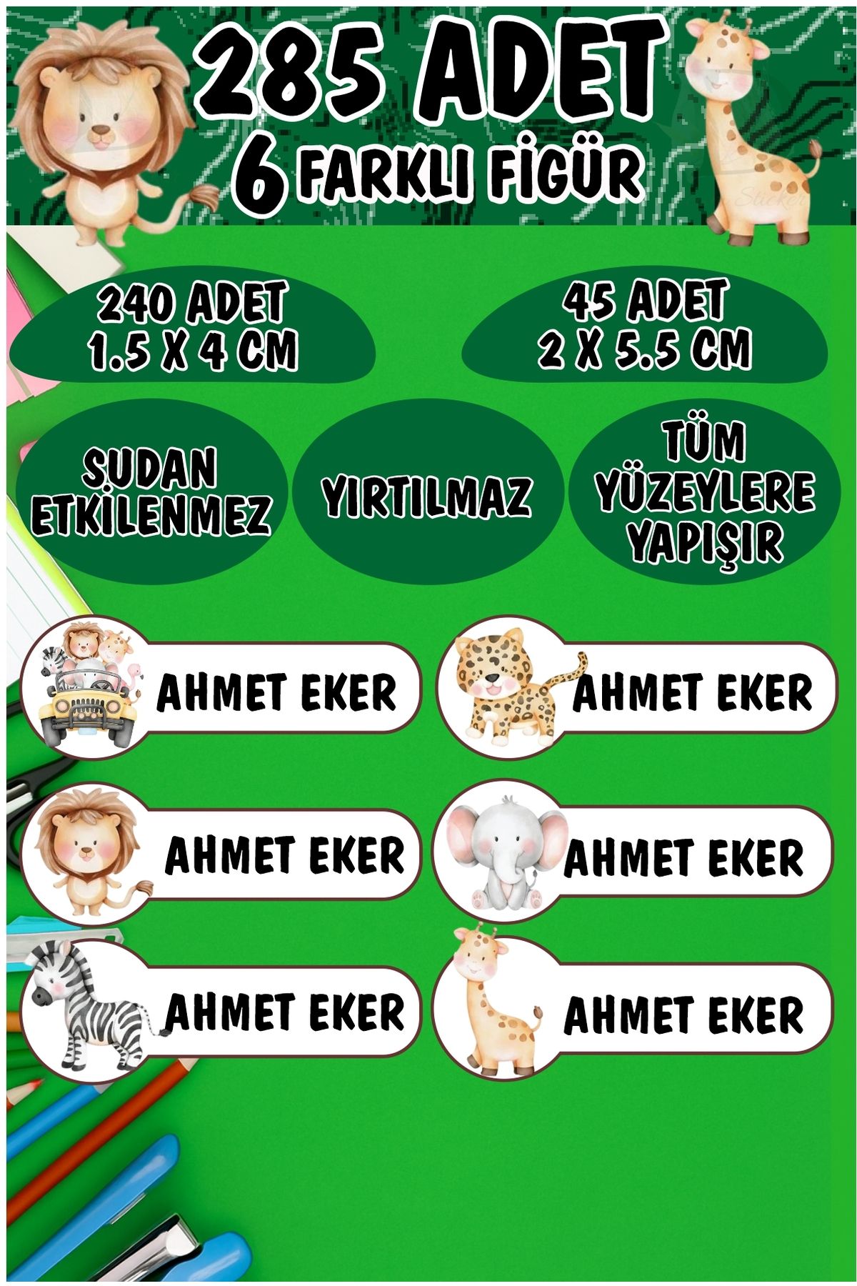 KT Decor Okul Etiketi Kalem Defter Etiketi Yavru Safari Hayvanları Özel Isimli Etiket 6 Figür - 285 Adet