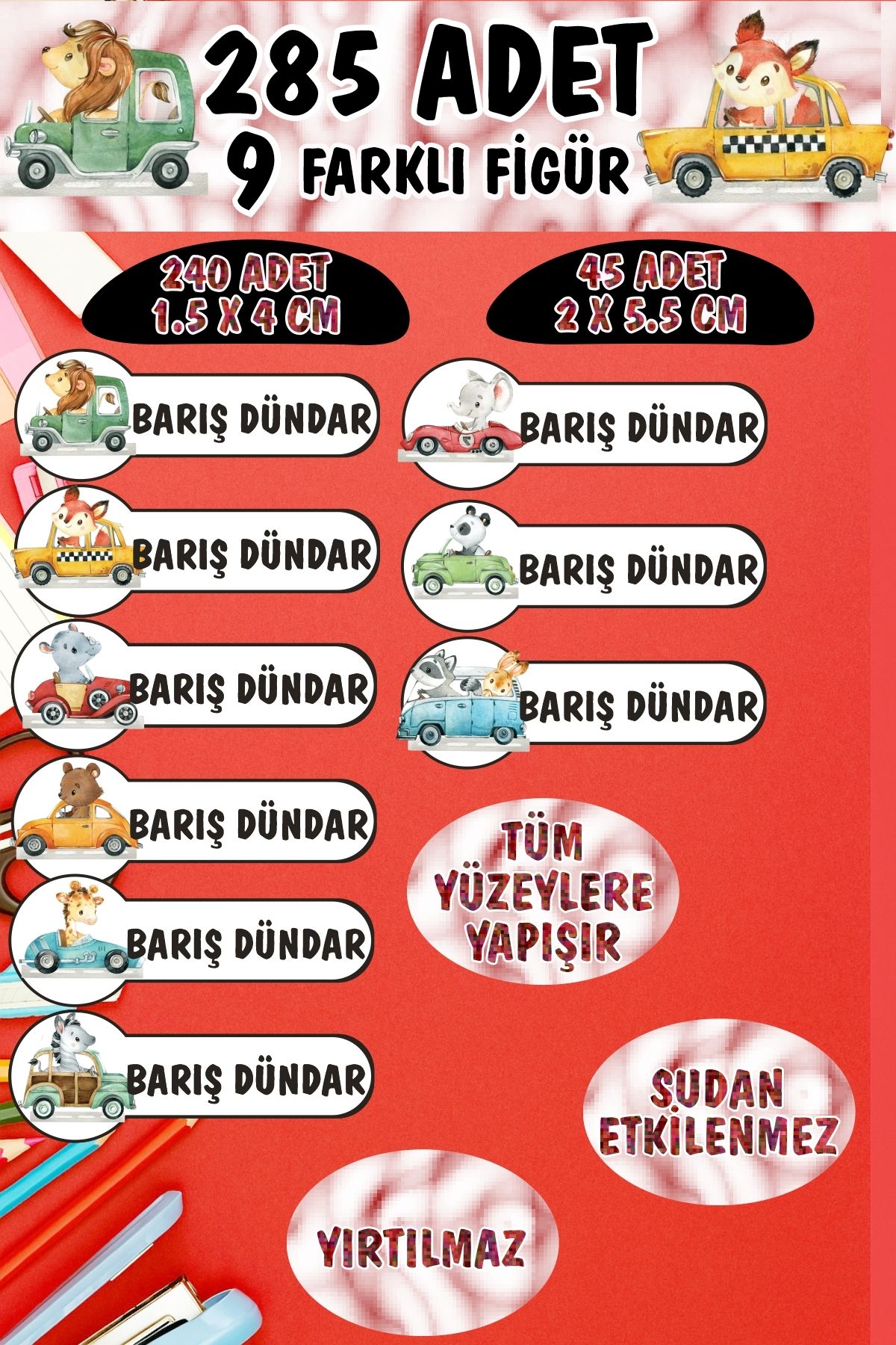KT Decor Okul Etiketi Kalem Defter Etiketi Sevimli Şoför Hayvanlar Özel Isimli Etiket 9 Figür - 285 Adet