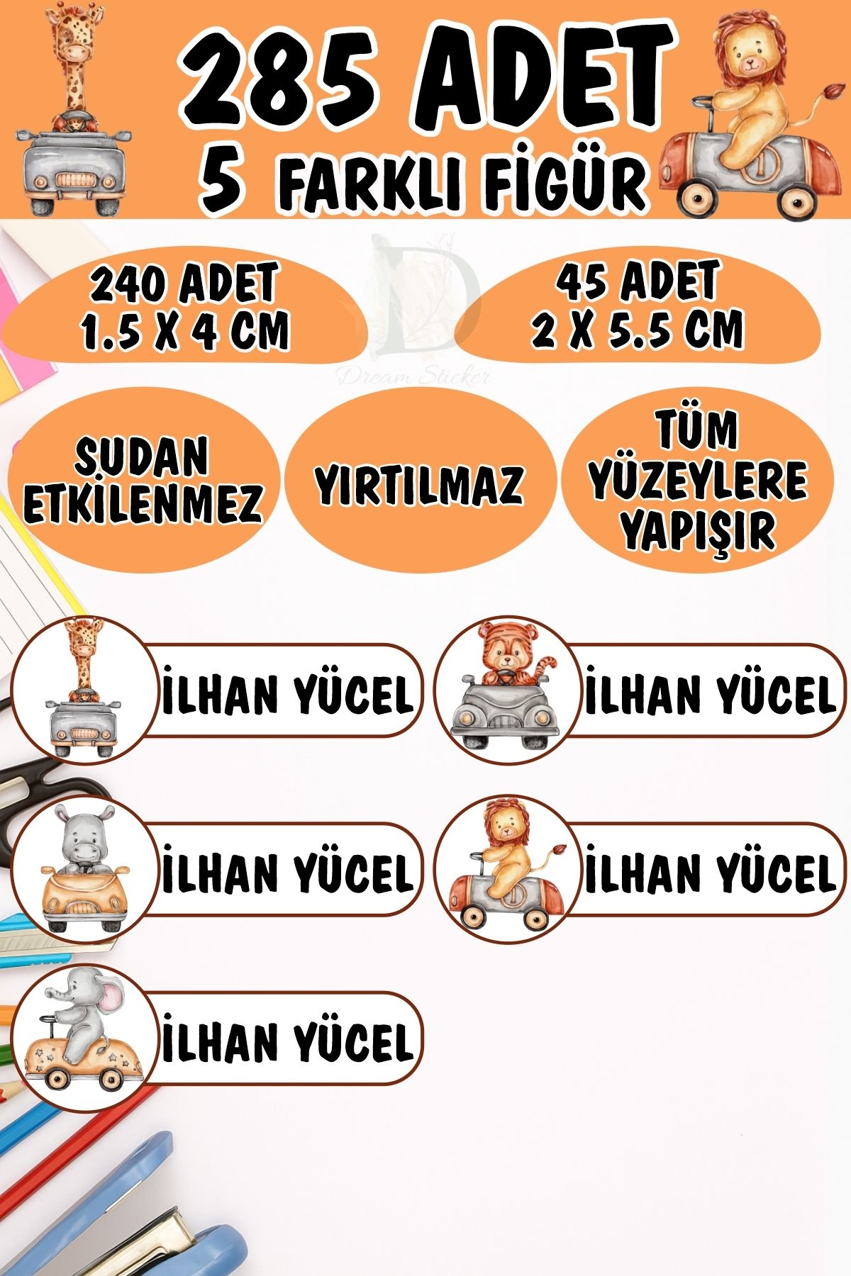 KT Decor Okul Etiketi Kalem Defter Etiketi Sevimli Şoför hayvanlar Özel Isimli Etiket 5 Figür - 285 Adet