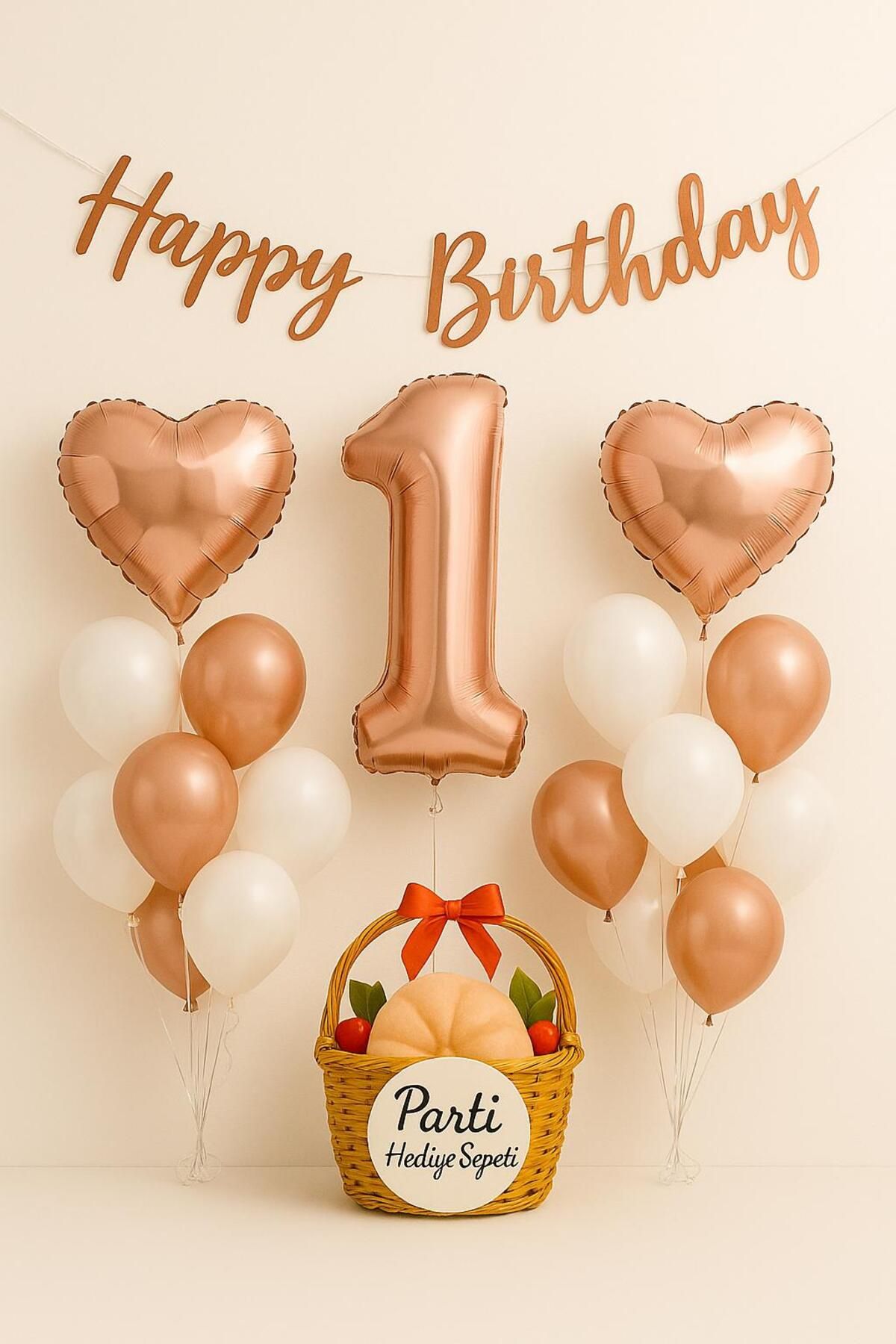 parti hediye sepeti 1 Yaş Doğum Günü Süsleme Seti Rose Gold & Beyaz | 15 Parça Hazır Paket