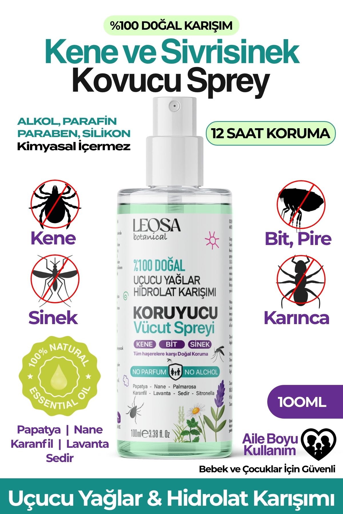 LEOSE BOTANICAL Kene Bit Sinek Ve Mikrop Kovucu Sprey 100ml Doğal Uçucu Yağlar Ve Hidrolatlar Karışımı