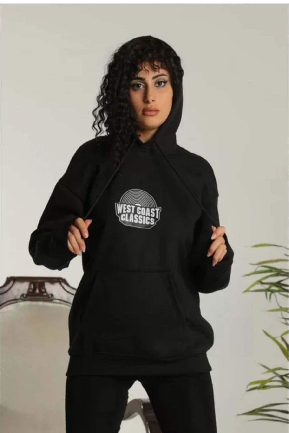 DEAG Unisex Sırt Baskılı Kapüşonlu Üç İplik Oversize Sweatshirt - Siyah