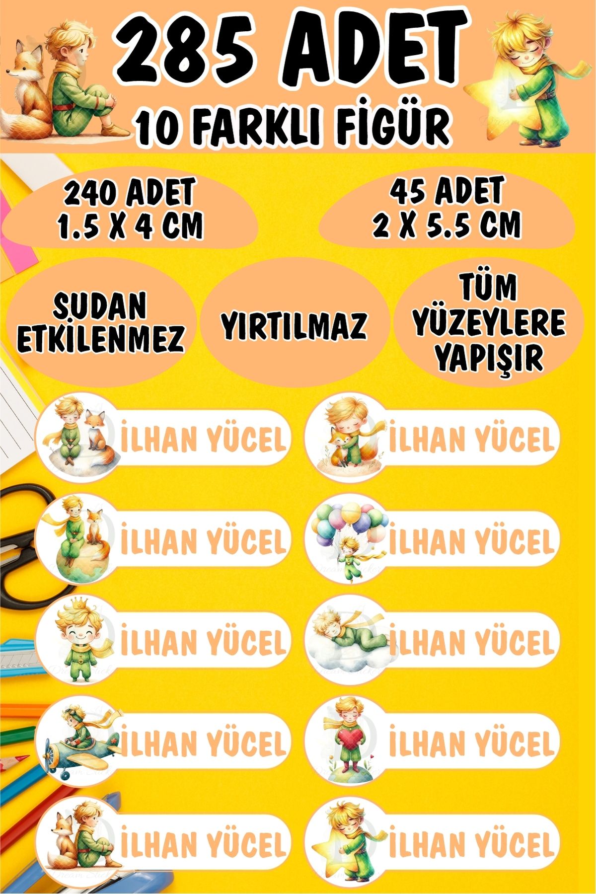 KT Decor Okul Kalem Defter Etiketi Küçük Prens ve Tilki Özel Isimli Etiket 10 Figür - 285 Adet