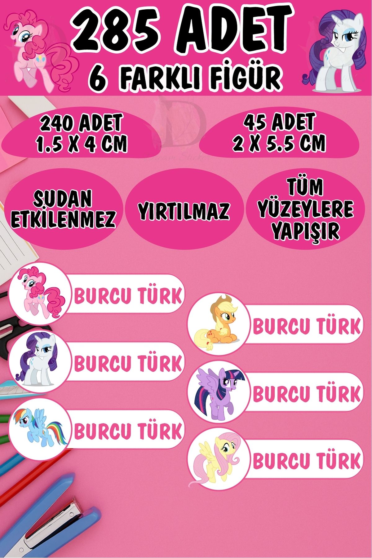 KT Decor Okul Etiketi Kalem Defter Etiketi Pony Sevimli Taylar Özel Isimli Etiket 6 Figür - 285 Adet
