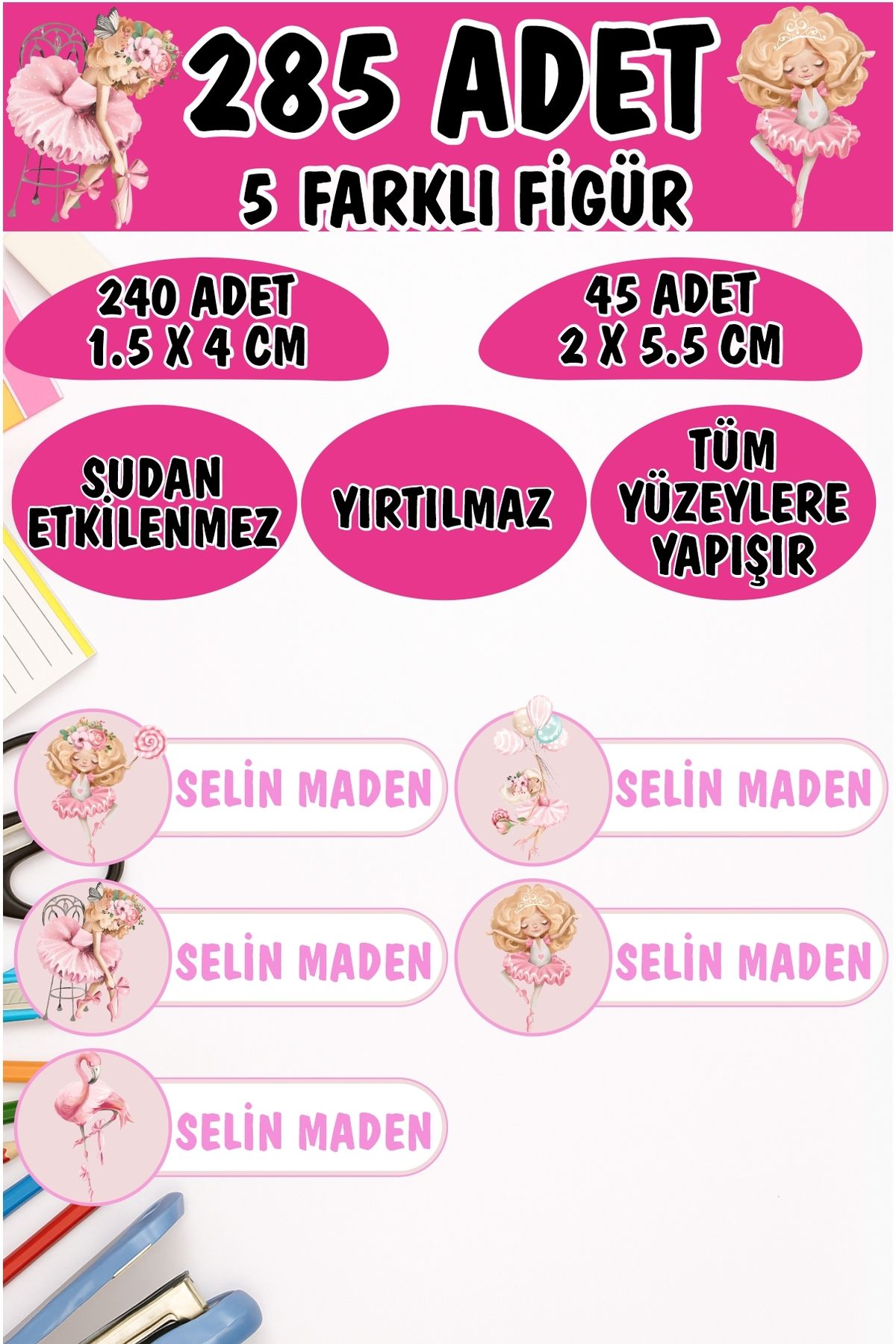 KT Decor Okul Etiketi Kalem Defter Etiketi Pembe Balerinler Özel Isimli Etiket 5 Figür - 285 Adet
