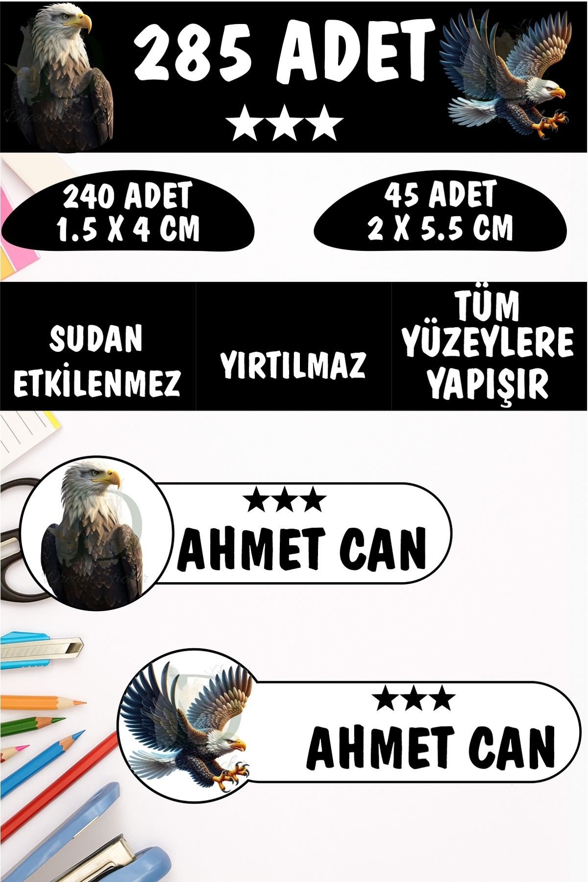 KT Decor Okul Etiketi Kalem Defter Etiketi Kara Kartal Özel Isimli Etiket 2 Figür - 285 Adet