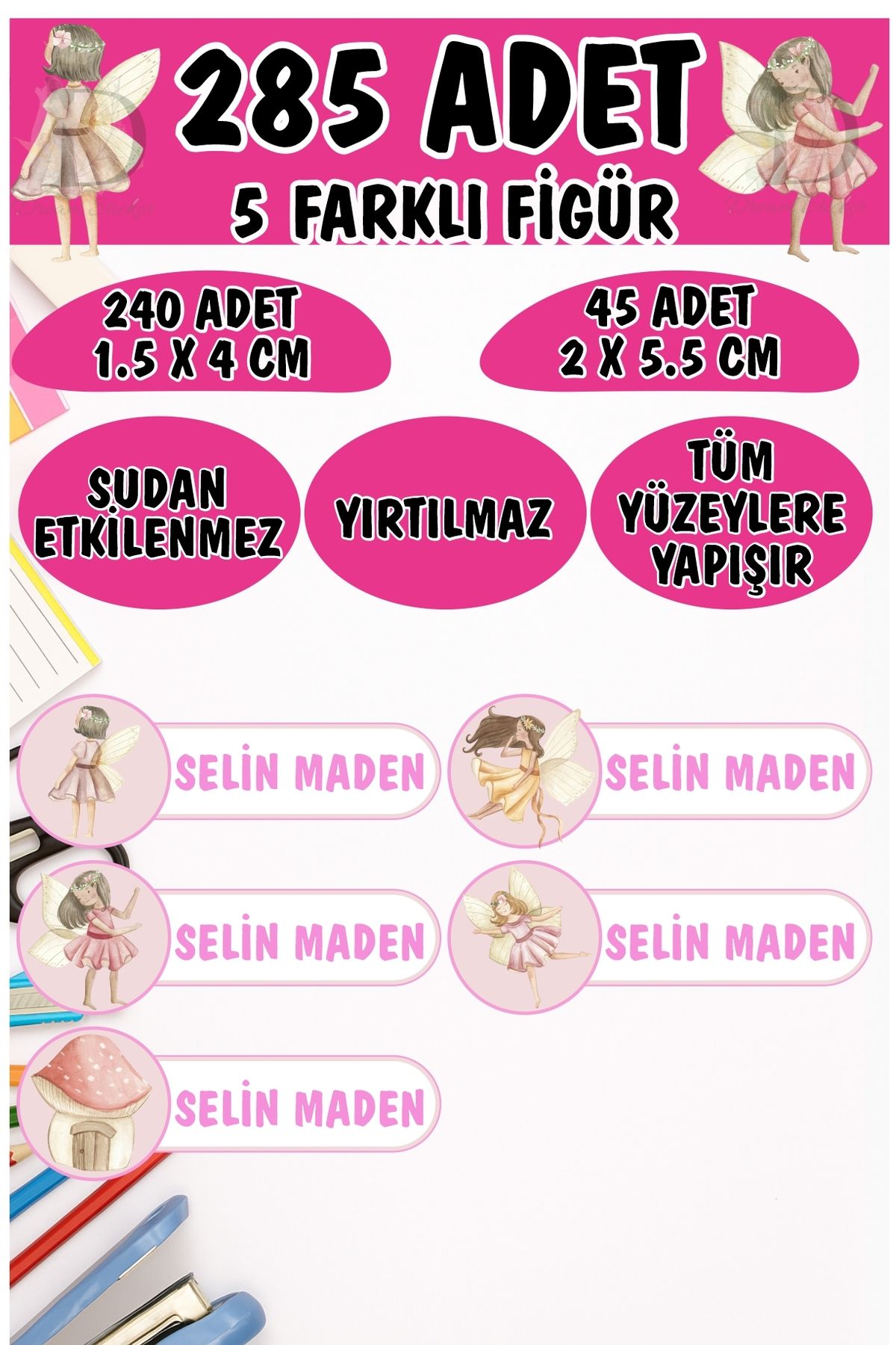 KT Decor Okul Etiketi Kalem Defter Etiketi Peri Okulu Özel Isimli Etiket 5 Figür - 285 Adet
