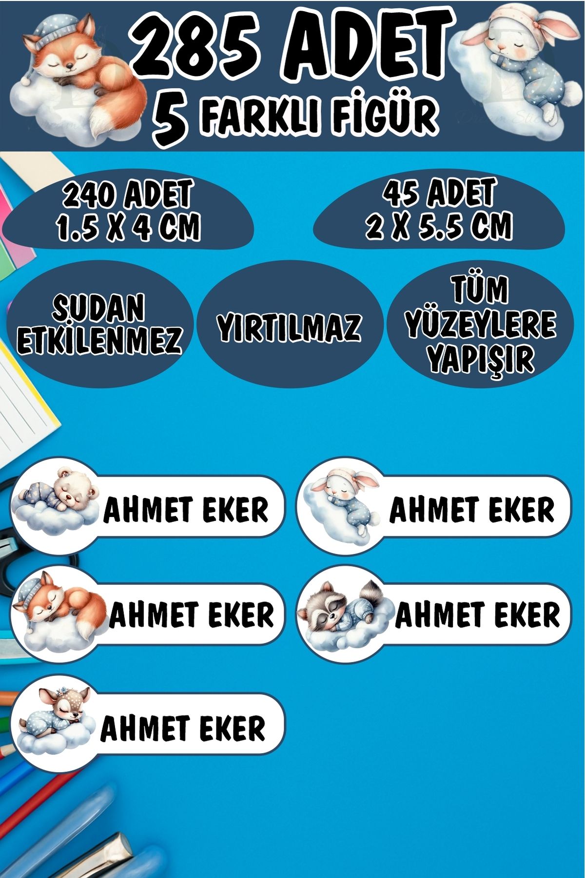 KT Decor Okul Etiketi Kalem Defter Etiketi Uykucu Sevimli Hayvanlar Özel Isimli Etiket 5 Figür - 285 Adet
