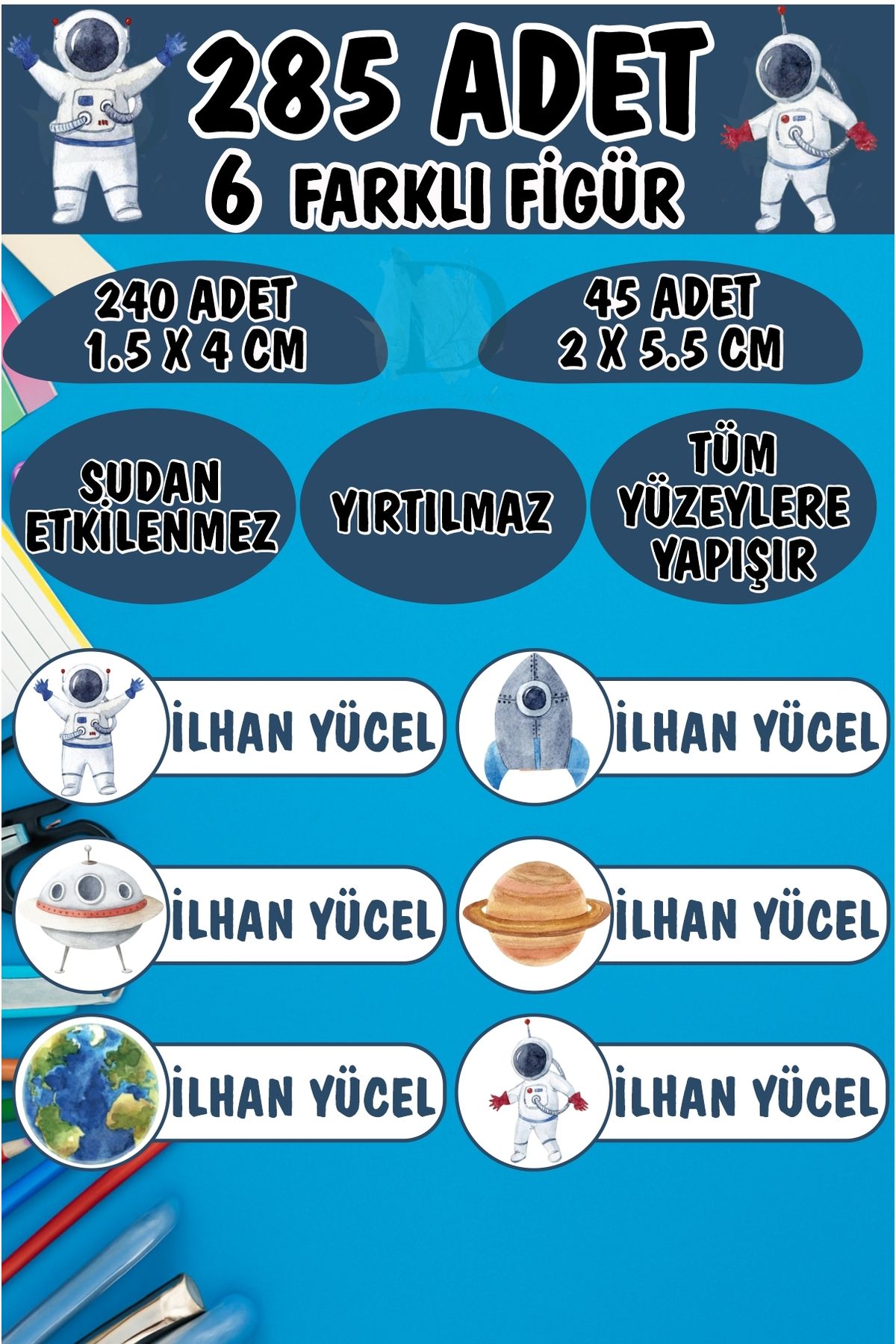 KT Decor Okul Etiketi Kalem Defter Etiketi Uzay Boşluğu Astronotlar Özel Isimli Etiket 6 Figür - 285 Adet