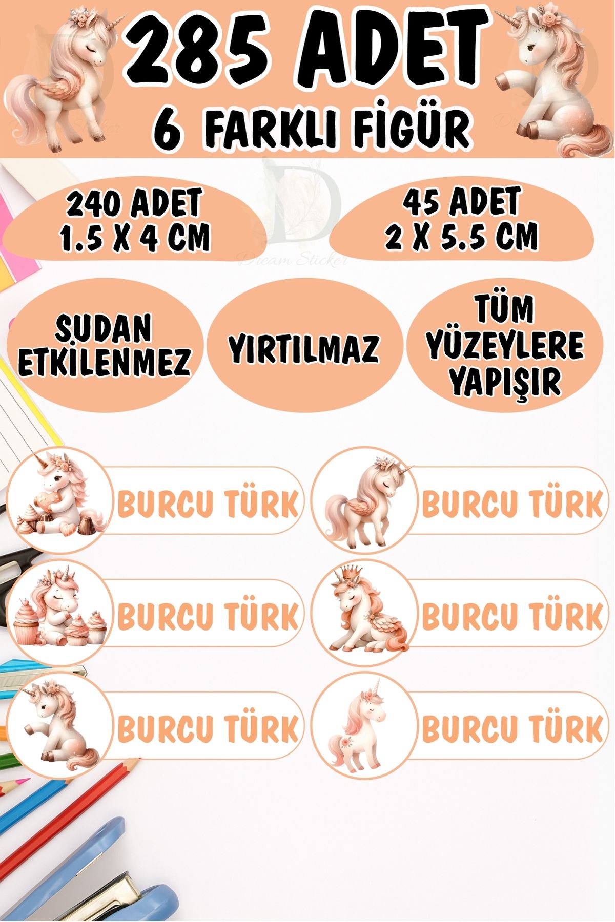 KT Decor Okul Etiketi Kalem Defter Etiketi Sevimli Unicornlar Özel Isimli Etiket 6 Figür - 285 Adet