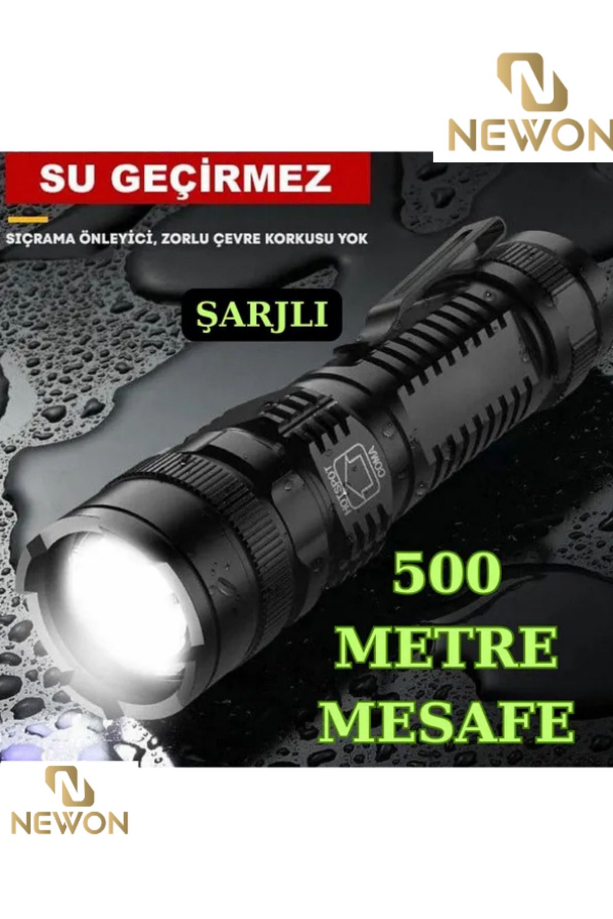 Newon Ultra Çift Yönlü Güçlü Pilli Led El Feneri 600 Lumen + 3w Cob Led Su Geçirmez Zoomlu 3 Modlu