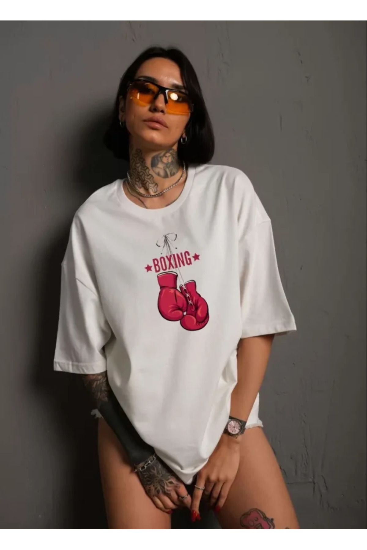 DEAG Unisex Bisiklet Yaka Baskılı Oversize T-Shirt - Beyaz