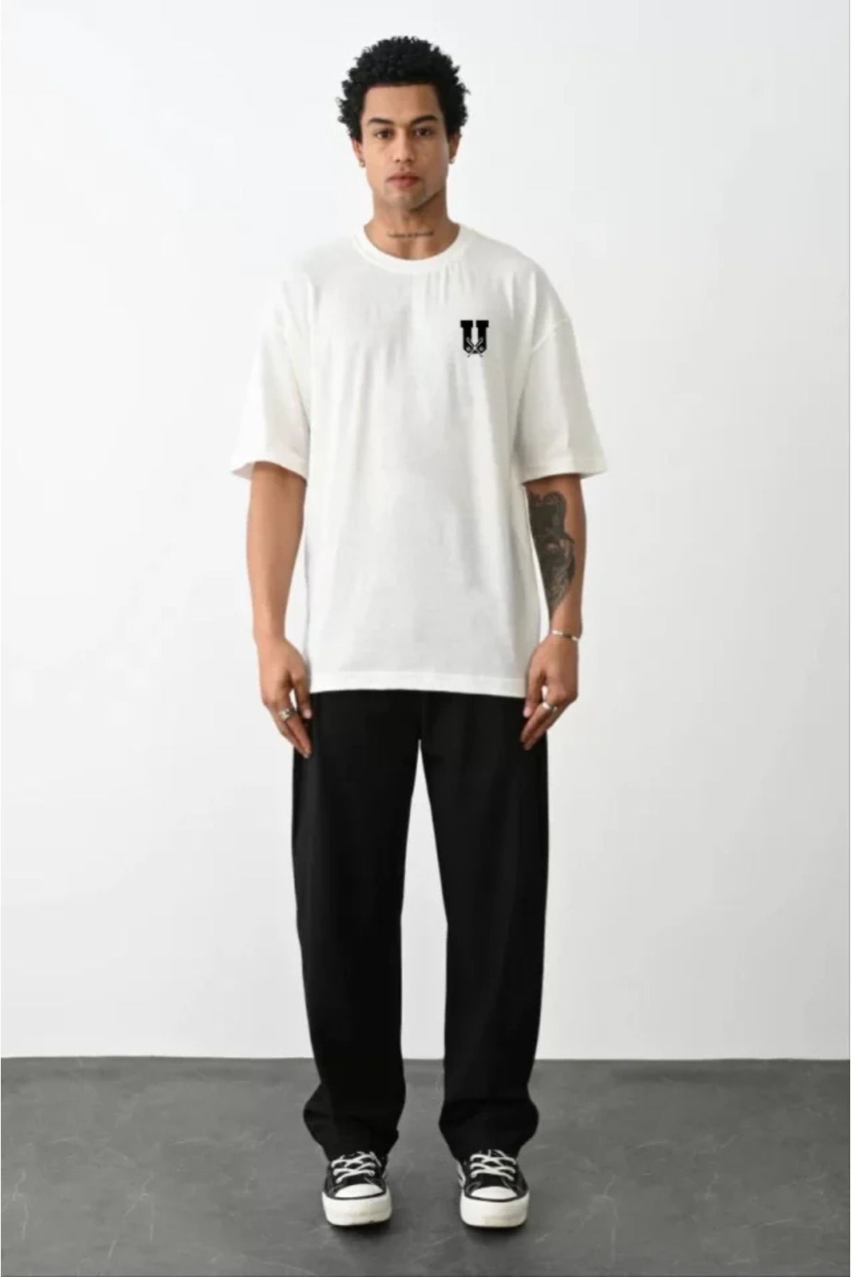 DEAG Unisex Bisiklet Yaka Baskılı Oversize T-Shirt - Beyaz