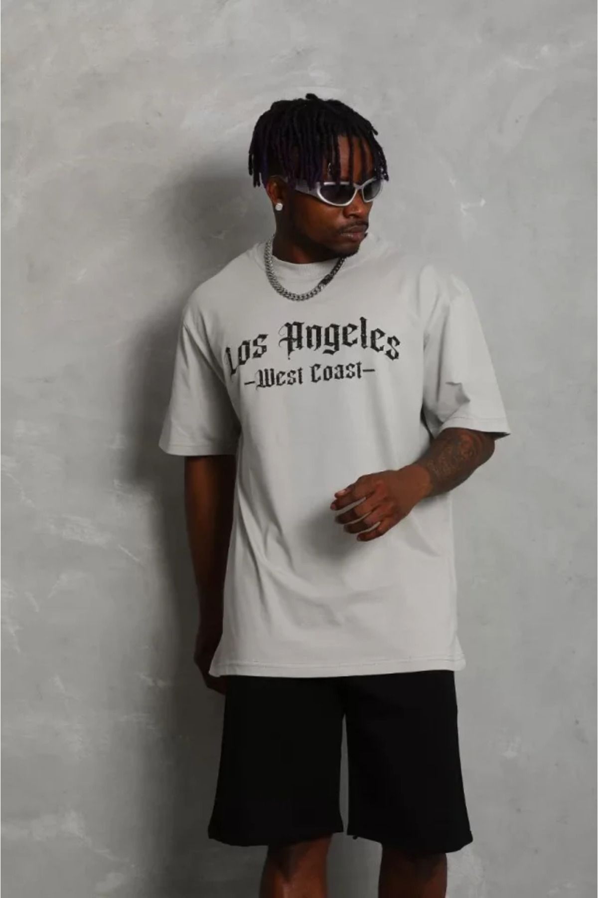 DEAG Unisex Oversize Baskılı Bisiklet Yaka T-Shirt - Gri