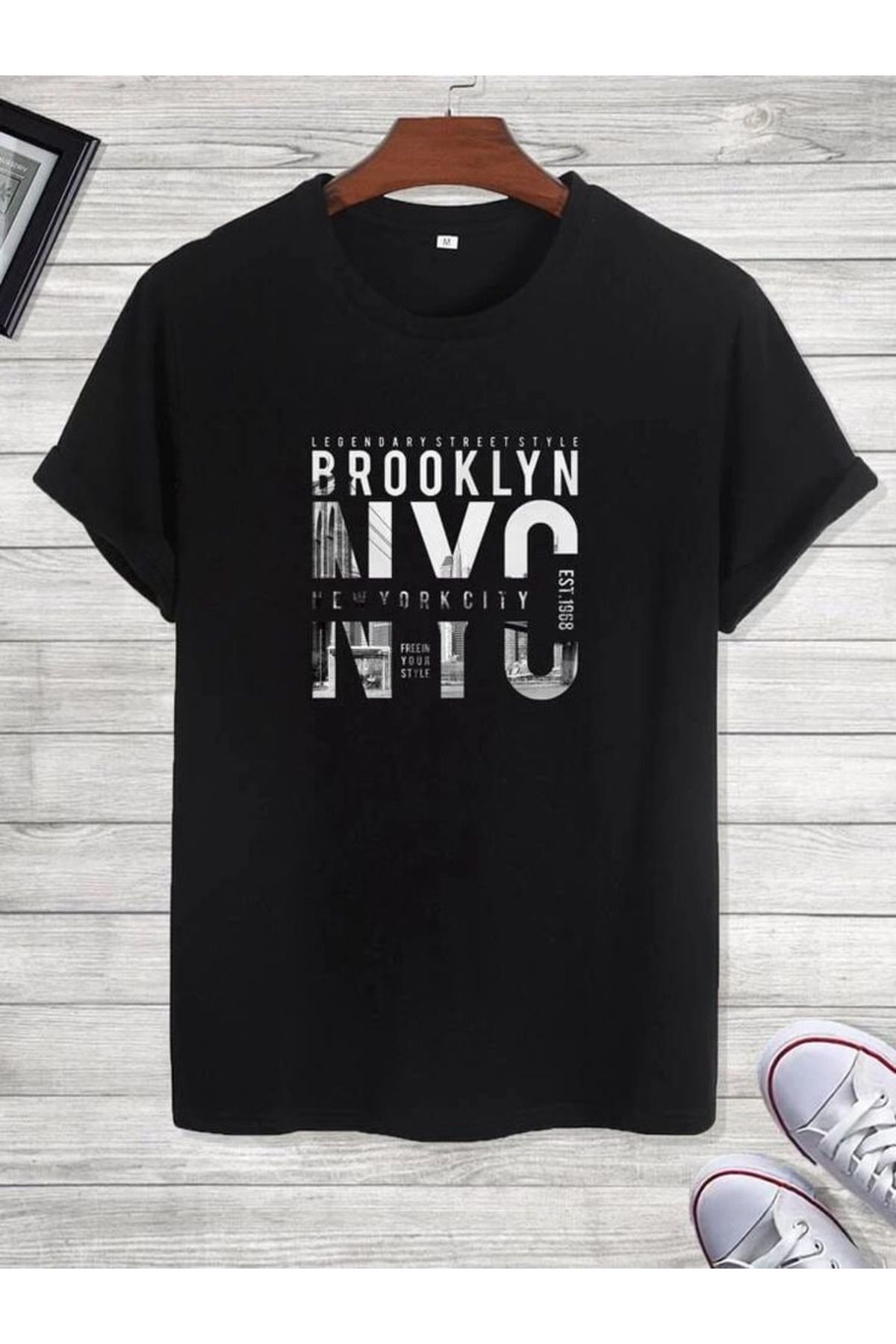 aynewmoda Letter print crew neck t-shirt, cotton blend, black,