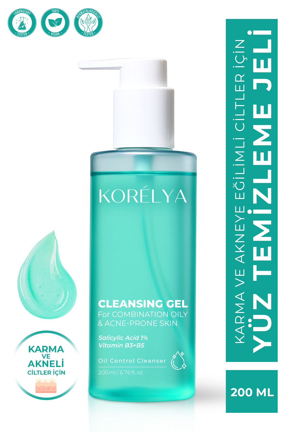 KORELYA Karma, Yağlı ve Akne Eğilimli Ciltler Sivilce, Siyah Nokta Karşıtı Yüz Temizleme Jeli