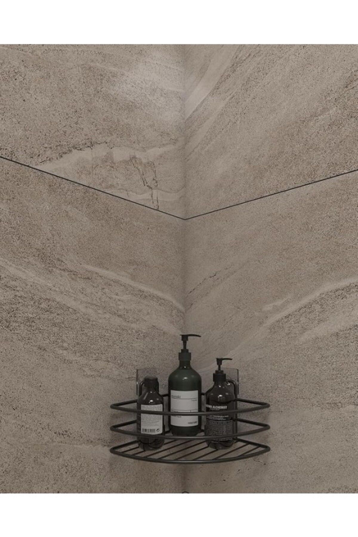 ShopZum Alper Banyo Ömür Boyu Paslanmaz Yapışkanlı Banyo Rafı Düzenleyıcı Mat Siyah Köşelik Şampuanlık