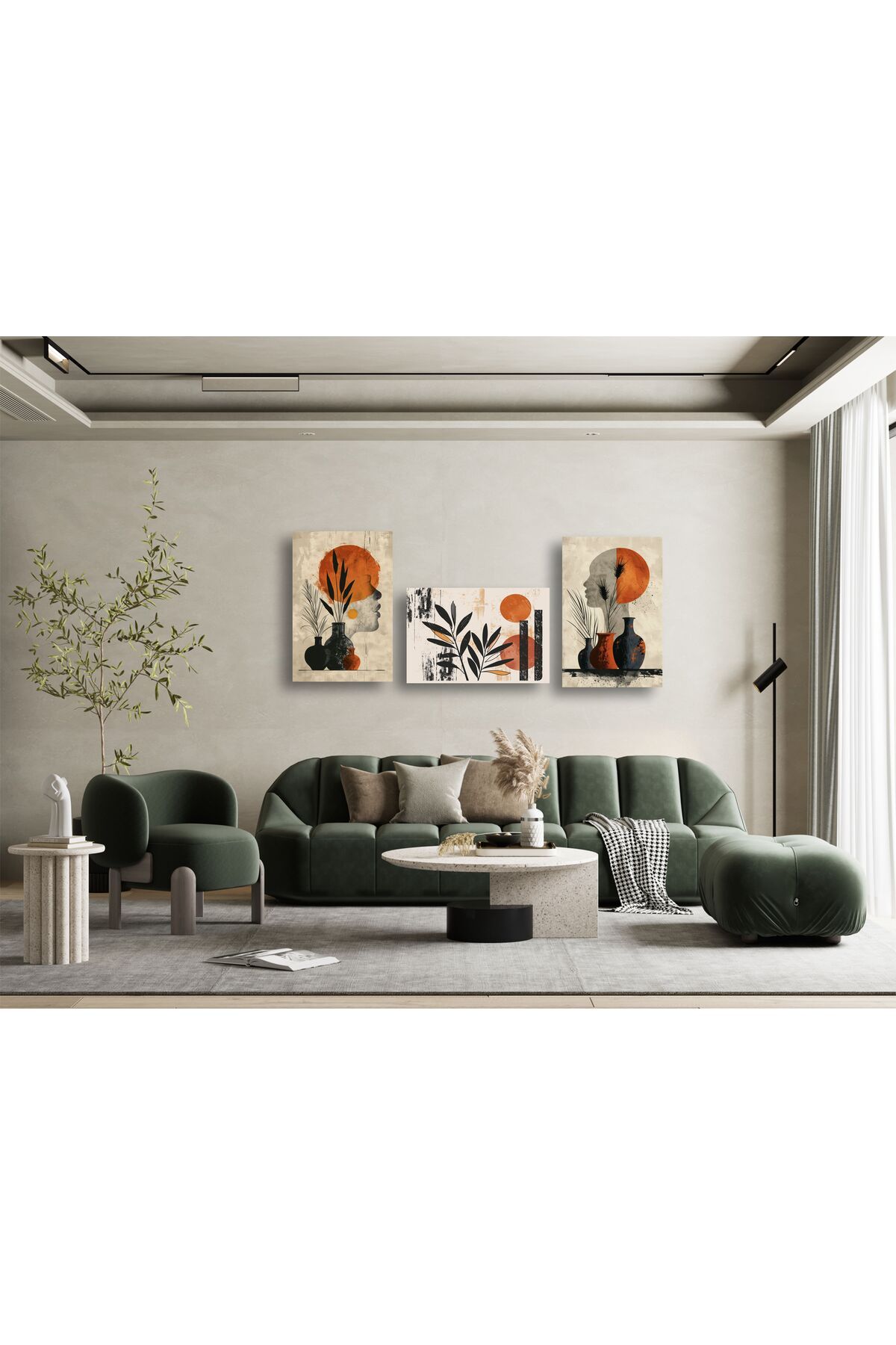 YALOVA SHOP Dekoratif Minimalist 3 lü Tablo Seti Mavi Tonlarda Boho Tarzı Duvar Dekorasyonu