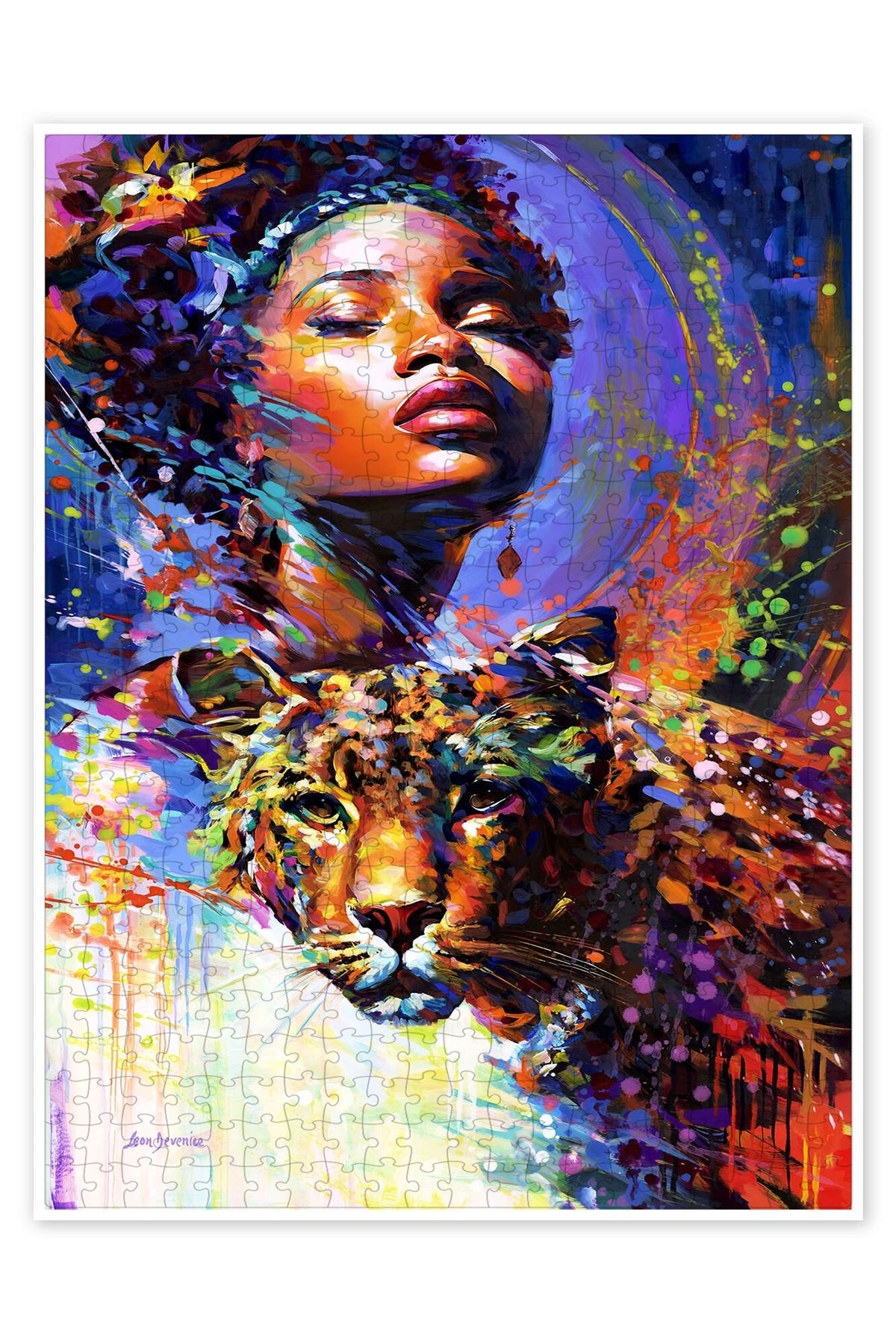 Jeronkarji Afrika Güzeli ve Leoparın Bakışı 500 Parça Puzzle Yapboz Bohem Soyut Sanat Temalı