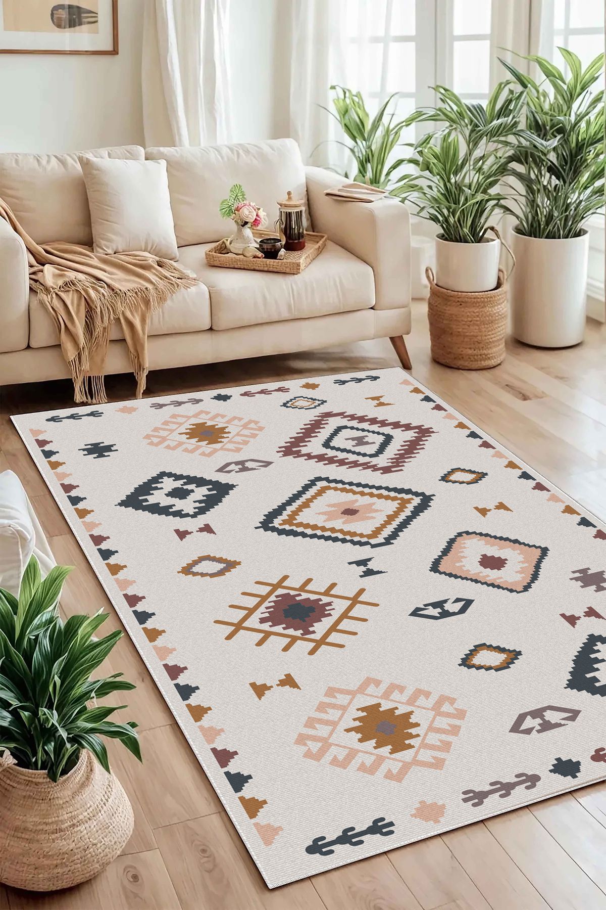 Hülya Home Salon Halısı Geometrik İskandinav Eskitmeli Dijital Baskı Yıkanabilir Kaymaz Taban 9045SALONHULYA
