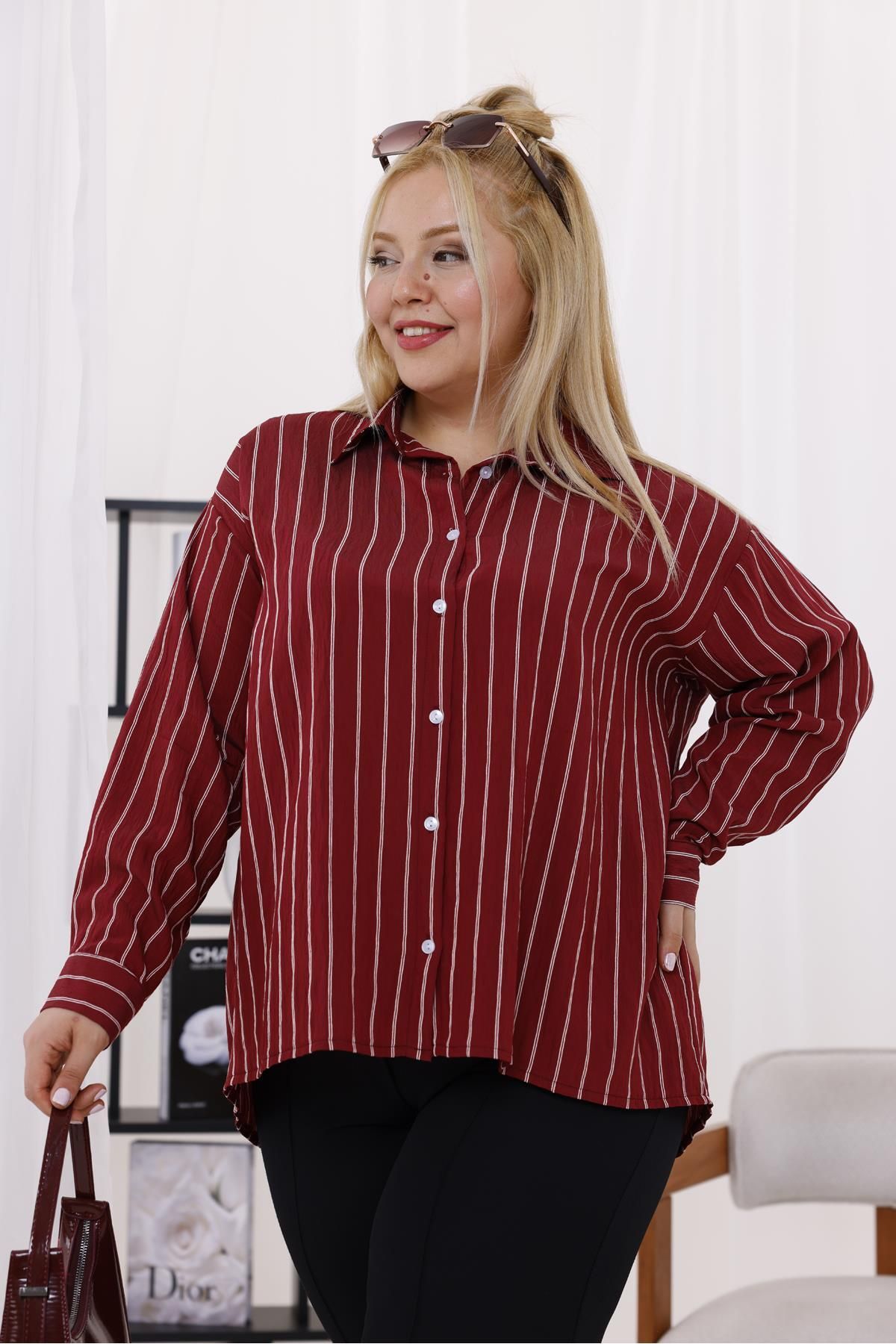 Siyezen Büyük Beden Çizgili Oversize Gömlek
