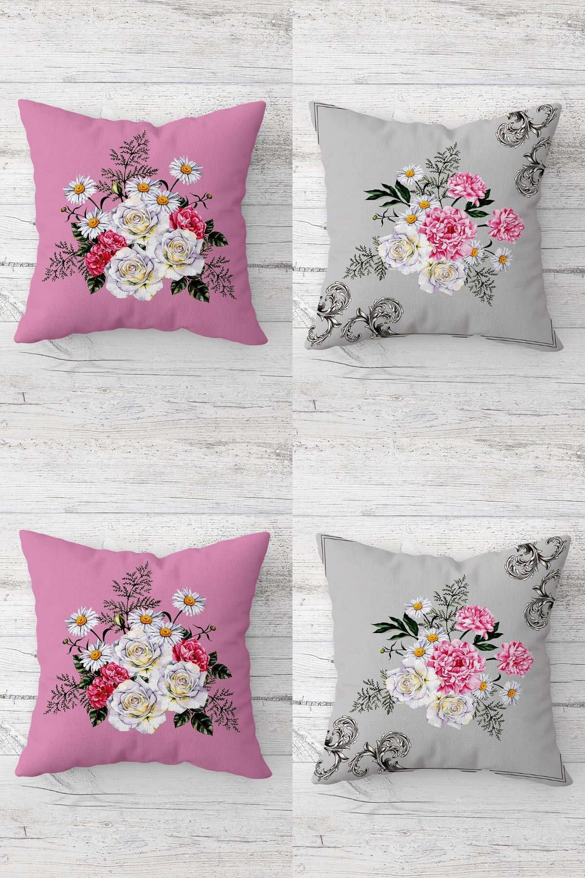 MENTEŞ HOME Gül Buketi Desenli Vintage Gizli Fermuarlı Kırlent Kılıfı Koltuk Yastık Kılıfı Takım(4ADET)