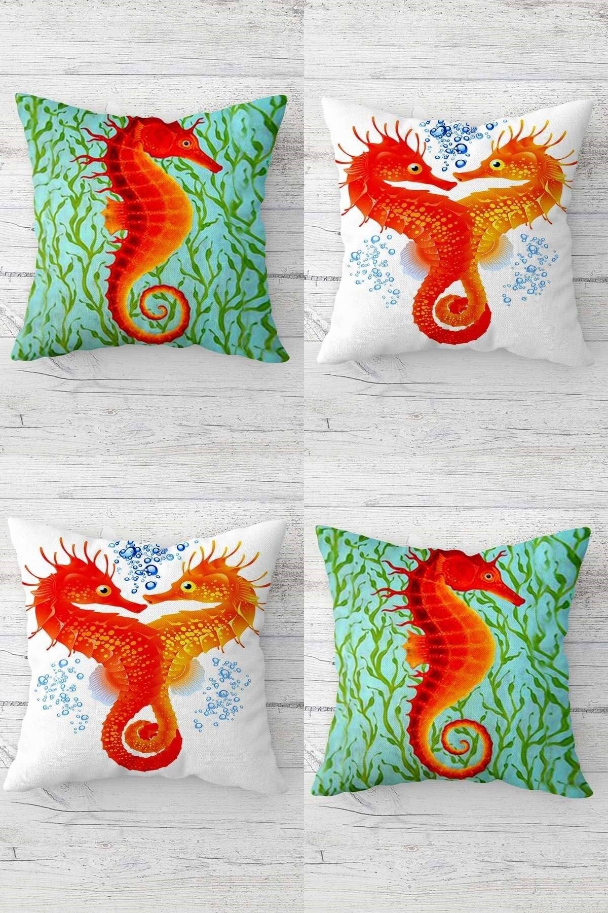 MENTEŞ HOME Deniz Atı Çifti Desen Gizli Fermuarlı Kırlent Kılıfı Koltuk Yastık Kılıfı Takım(4ADET)