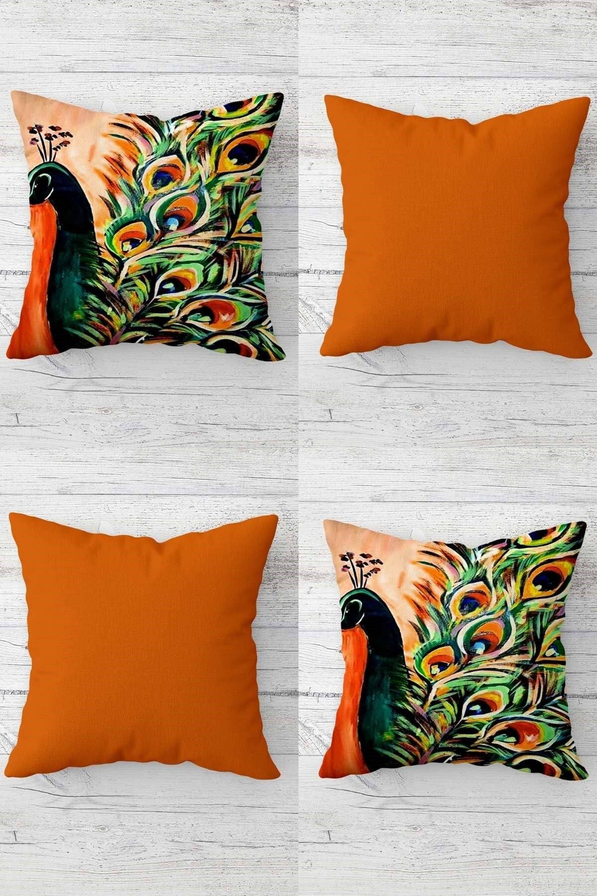 MENTEŞ HOME Turuncu Batik Tavuskuşu Desenli Gizli Fermuarlı Kırlent Kılıfı Koltuk Yastık Kılıfı Takım(4ADET)