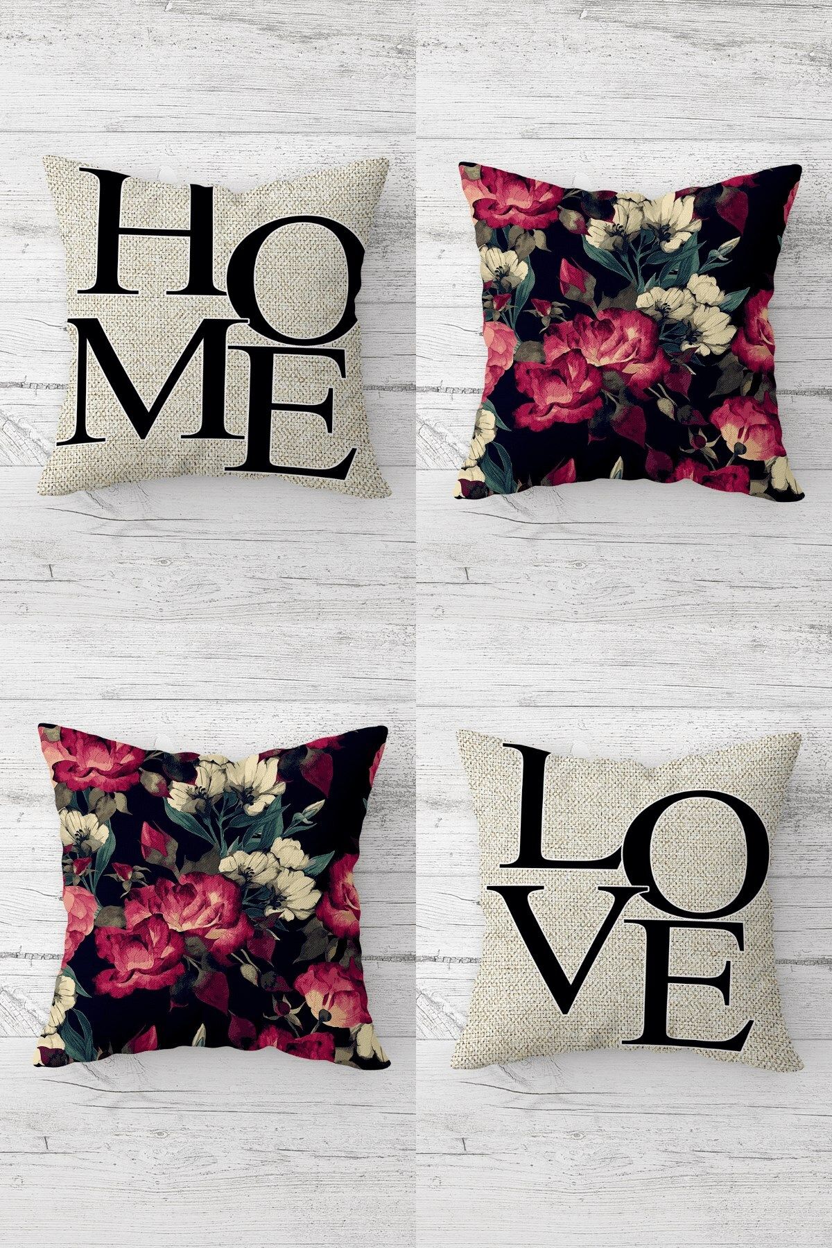 MENTEŞ HOME Home Love Gül Vintage Kombin Gizli Fermuarlı Kırlent Kılıfı Koltuk Yastık Kılıfı Takım(4ADET)