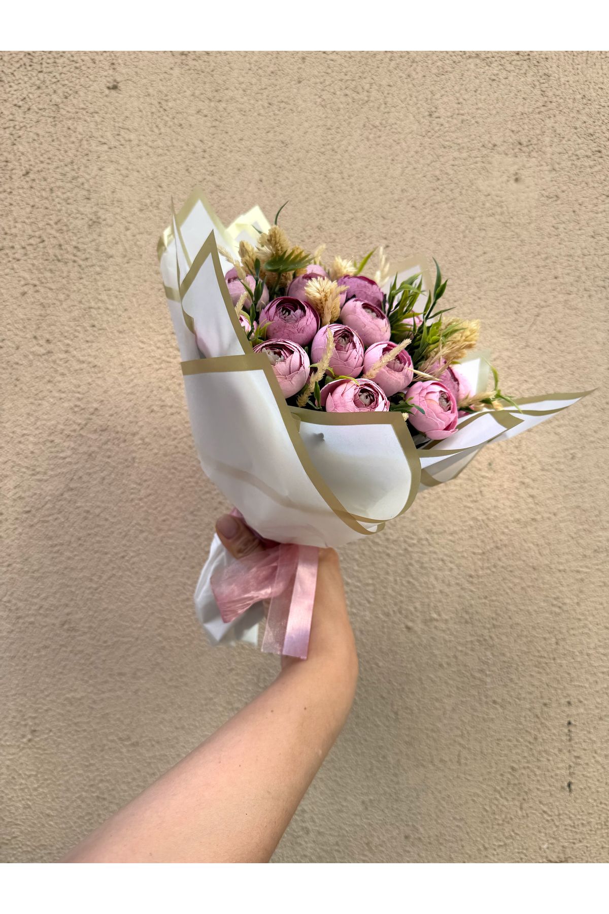 Hobi Stok Lüks Romantik Pembe Yapay Şakayık Buketi – Gelin Buketi & Dekoratif Aranjman, Yapay Çiçek