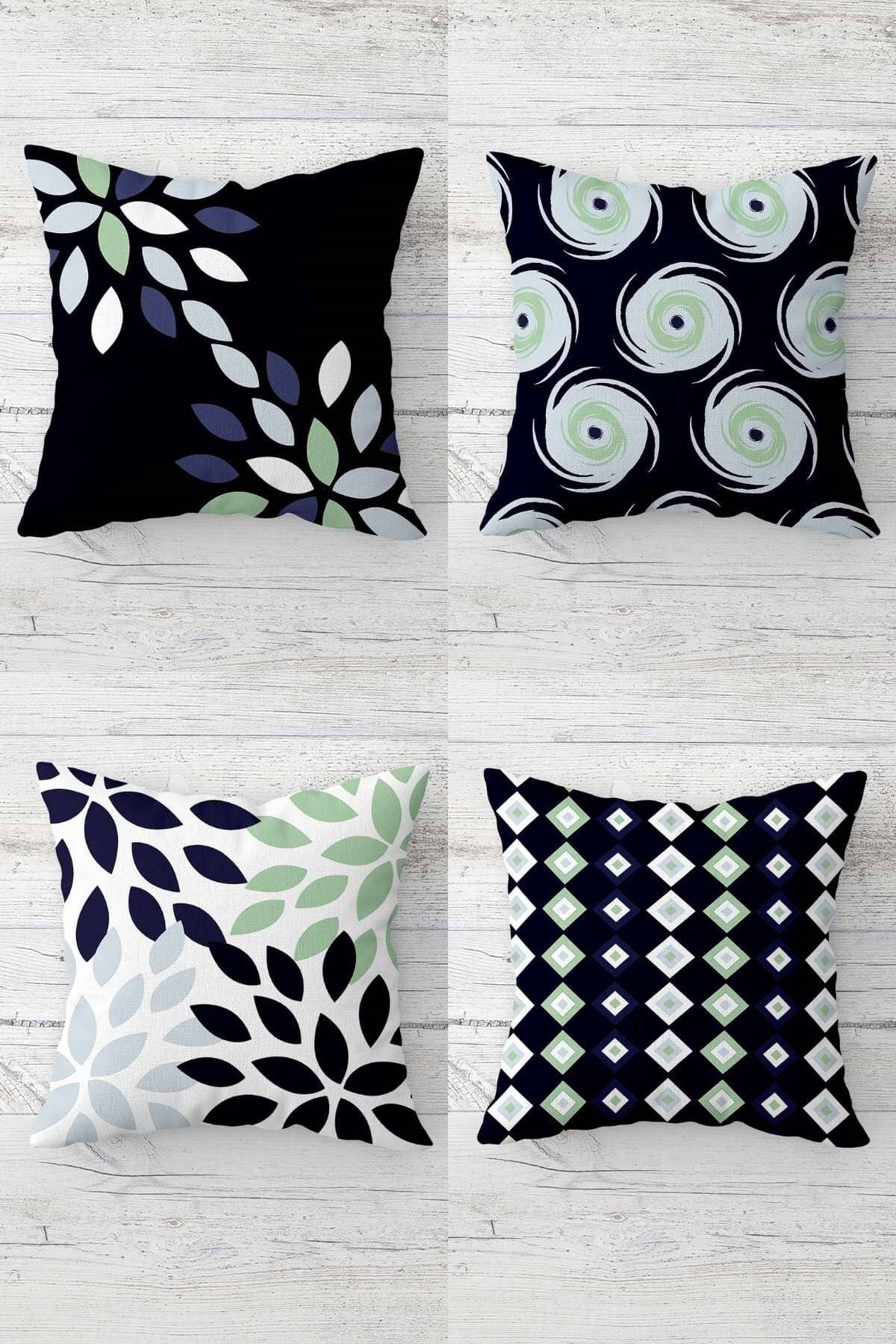MENTEŞ HOME Yaprak Desenli Geometrik Kombin Gizli Fermuarlı Kırlent Kılıfı Koltuk Yastık Kılıfı Takım(4ADET)