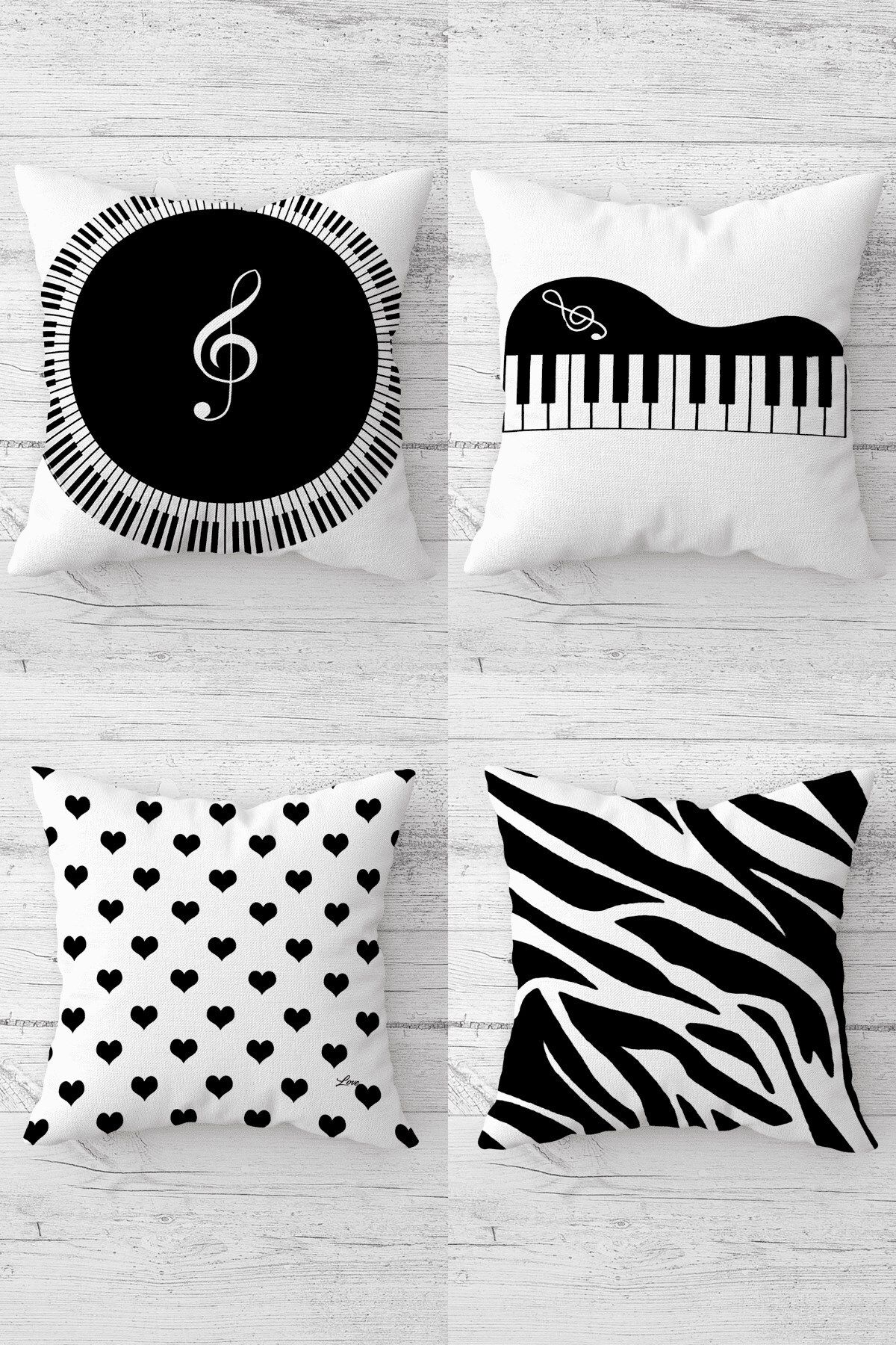 MENTEŞ HOME Piyano Zebra Nota Müzik Gizli Fermuarlı Kırlent Kılıfı Koltuk Yastık Kılıfı Takım(4ADET)