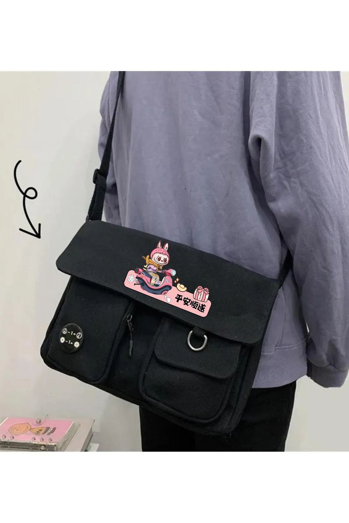 Toum Cute Labubu Harajuku Unisex Cepli Unisex Siyah Postacı Çantası