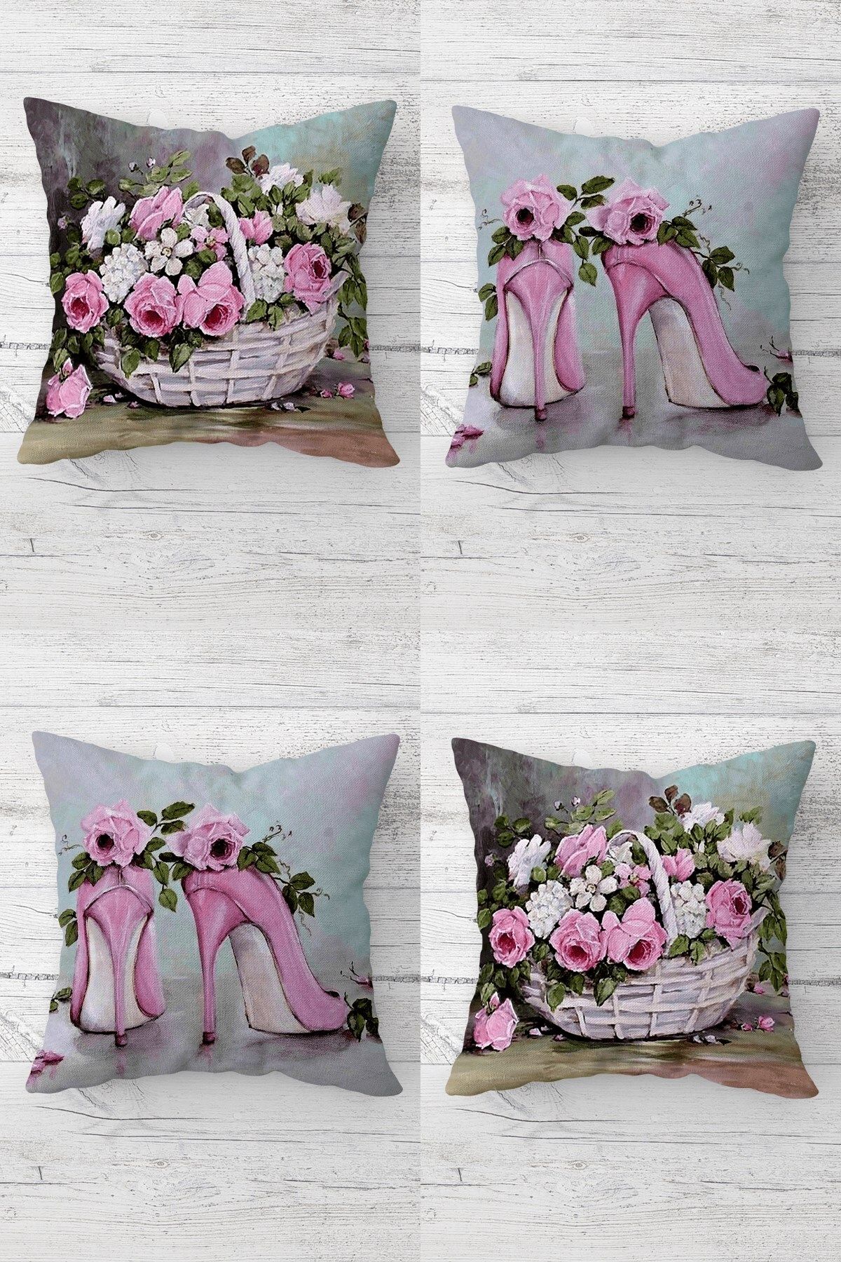 MENTEŞ HOME Gül Buketleri ve Stiletto Vintage Gizli Fermuarlı Kırlent Kılıfı Koltuk Yastık Kılıfı Takım(4ADET)