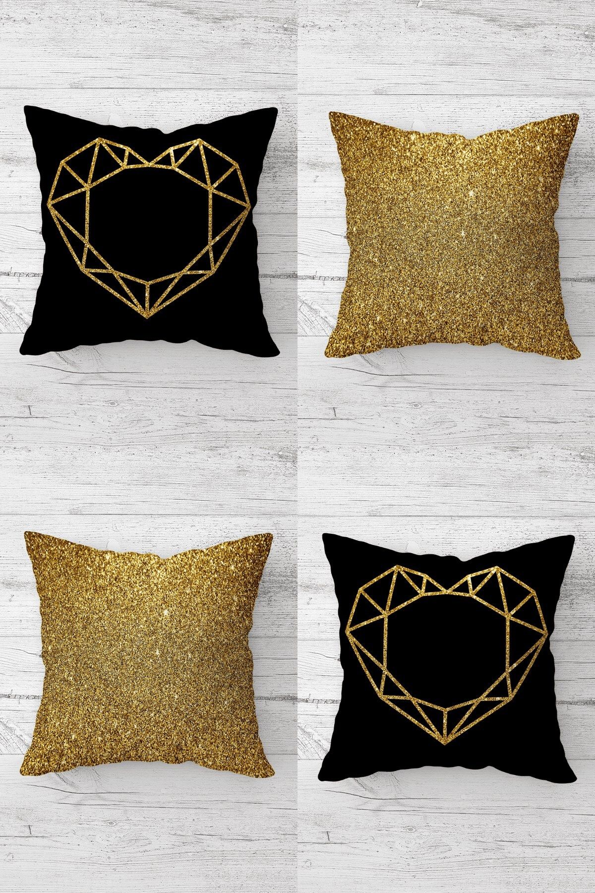 MENTEŞ HOME Geometrik Kalp ve Gold Payet Desen Gizli Fermuarlı Kırlent Kılıfı Koltuk Yastık Kılıfı Takım(4ADET)
