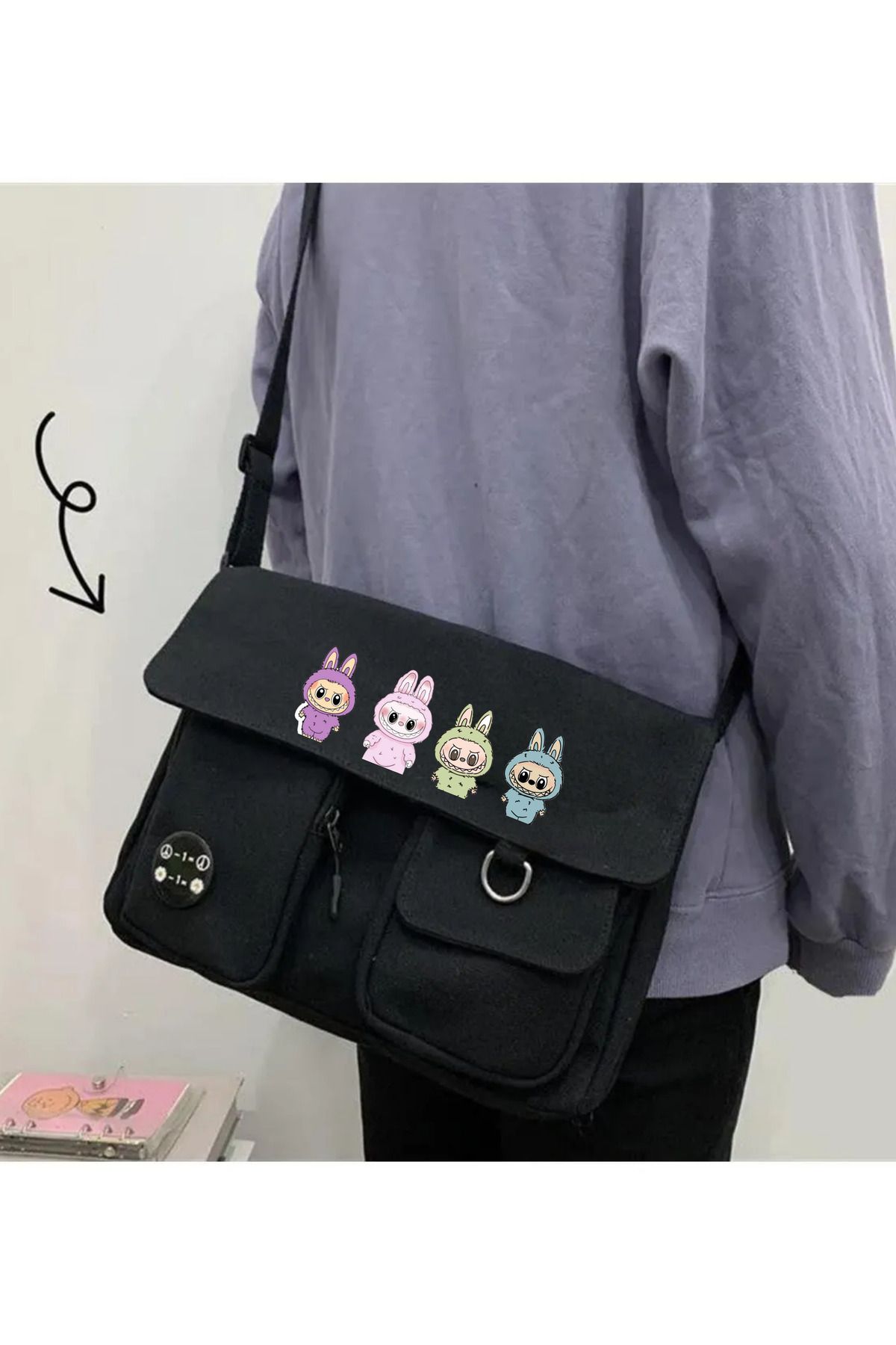 Toum Labubu Karakter Harajuku Unisex Cepli Unisex Siyah Postacı Çantası