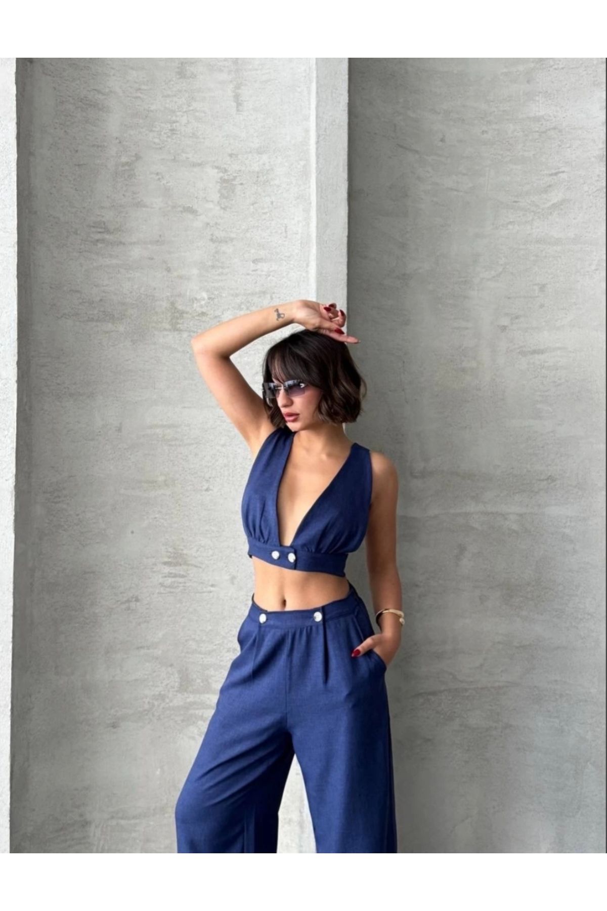 Ozer&Hermin Crop pantolon keten takım