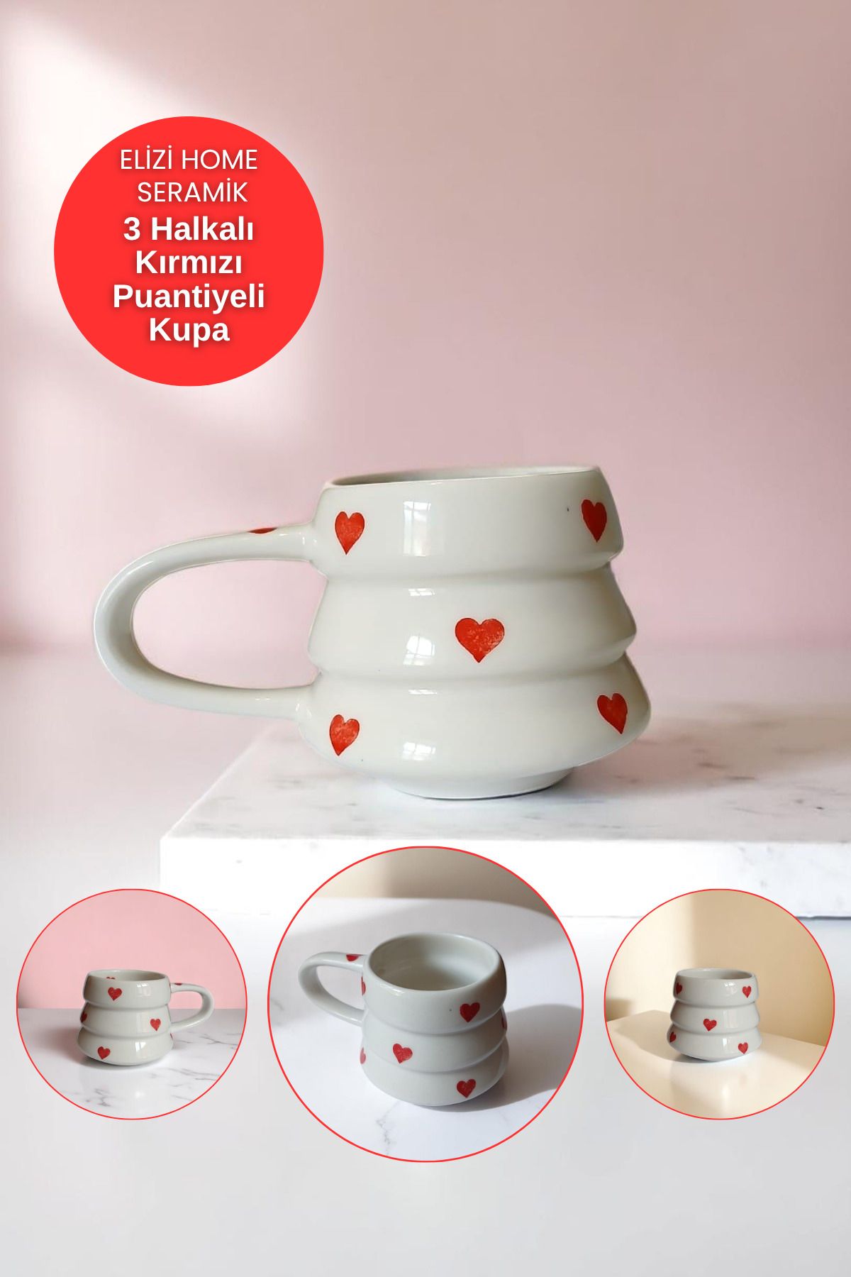 REAY HOME El Yapımı Seramik Kalp Detaylı 3 Halkalı Handmade Mug Kupa Fincan Tasarım Mug Kupa Fincan