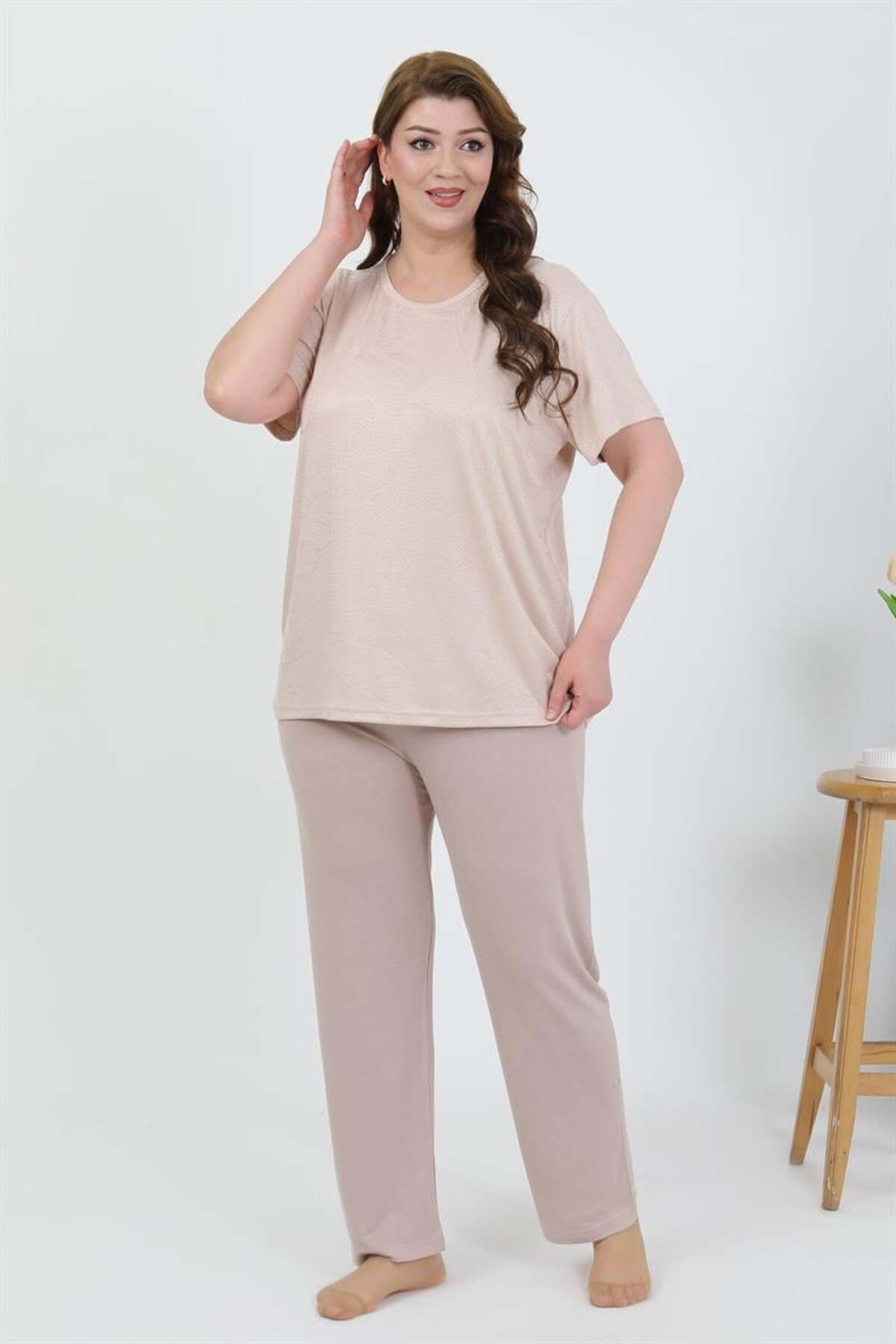 modaserdem Akbeniz Kadın Büyük Beden Kısa Kol Penye Pijama Takımı Sütlü Kahve 202510