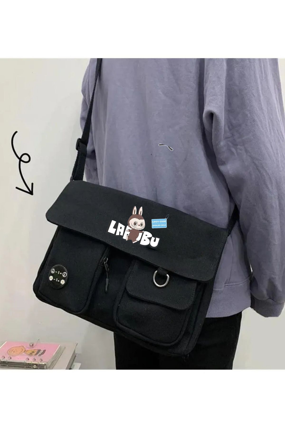 Toum Labubu Unisex Cepli Unisex Siyah Postacı Çantası