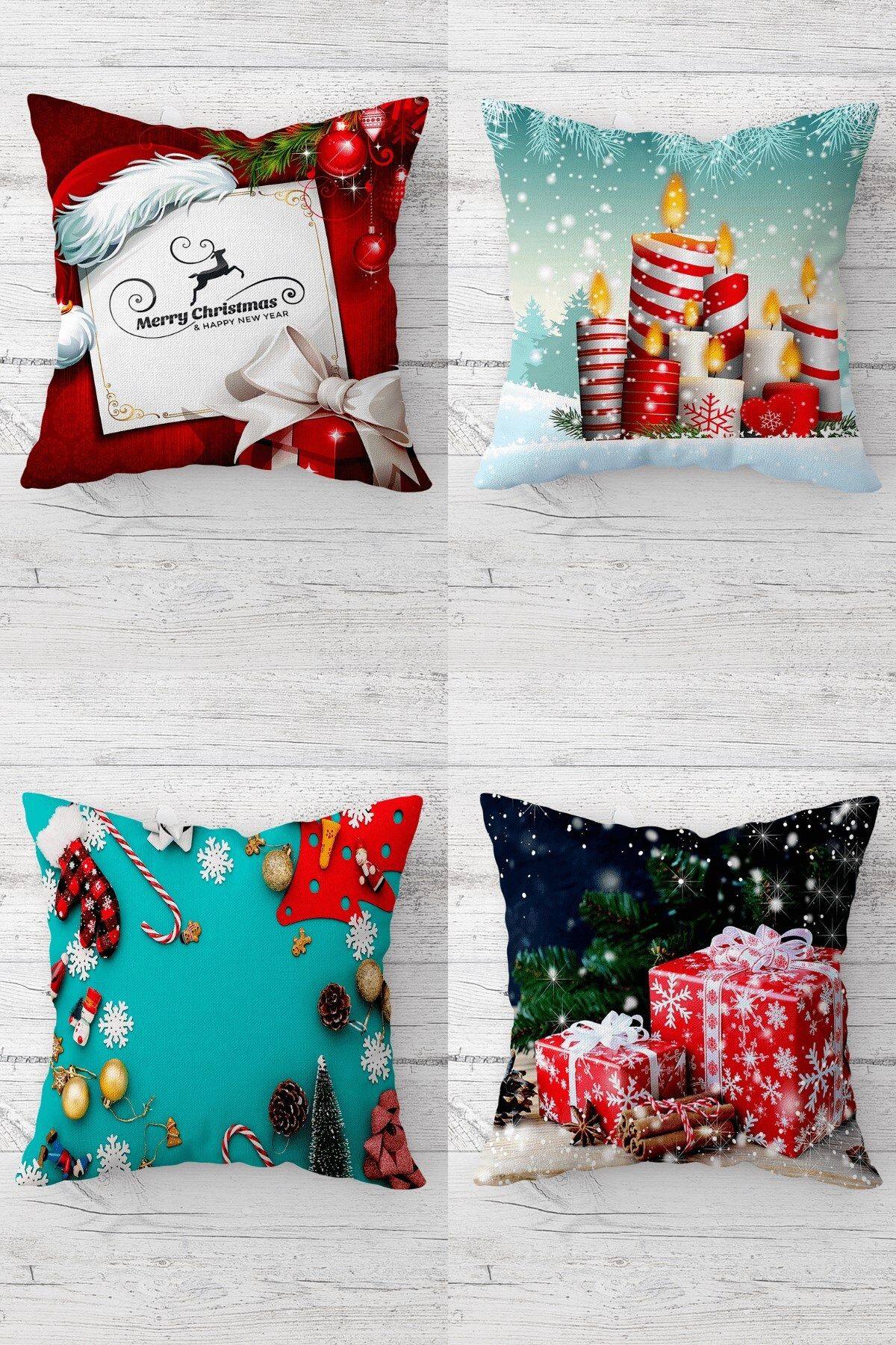 MENTEŞ HOME Noel Baba Yılbaşı Christmas Gizli Fermuarlı Kırlent Kılıfı Koltuk Yastık Kılıfı Takım(4ADET)