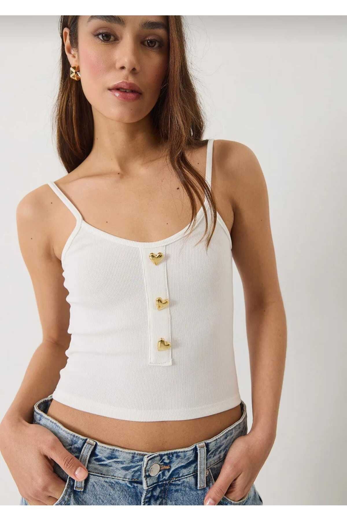 berceste İS BERCESTE KADIN İNCE ASKILI KALP AKSESUARLI CROP BODY ATLET