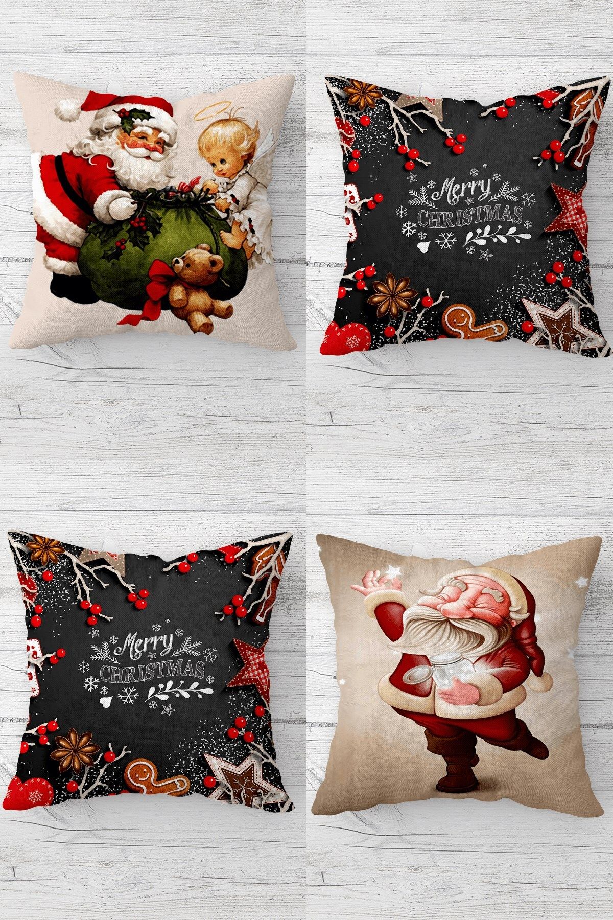 MENTEŞ HOME Merry Christmas Yılbaşı Noel Gizli Fermuarlı Kırlent Kılıfı Koltuk Yastık Kılıfı Takım(4ADET)