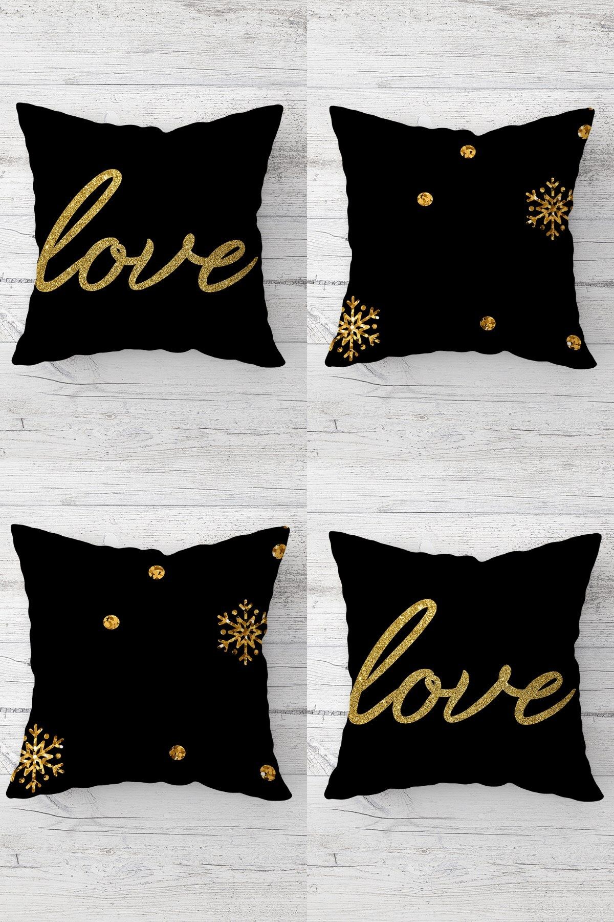 MENTEŞ HOME Gold Love Ve Kar Tanesi Desenli Gizli Fermuarlı Kırlent Kılıfı Koltuk Yastık Kılıfı Takım(4ADET)