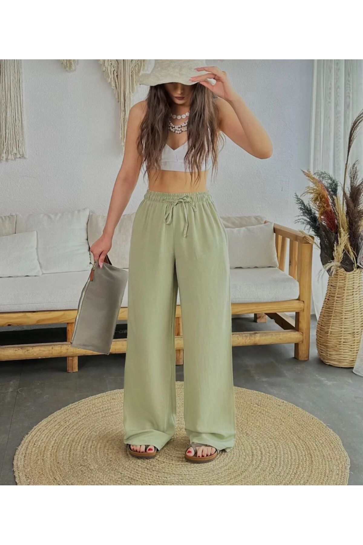 SHEVANE NEW SEASON Kadın Keten Beli Lastik Bağlamalı Yüksek Bel Geniş Kesim Cepli Yazlık Pantolon